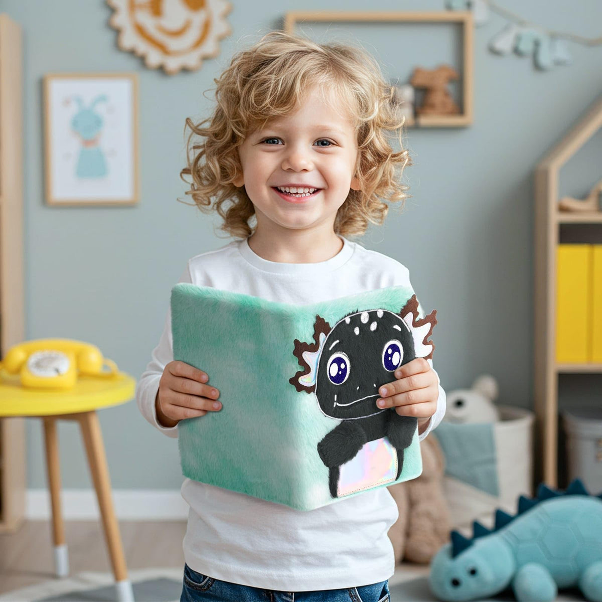 WERNNSAI Kids Plush Axolotl Diary with Lock and Key — Secret A5 Journal for Boys