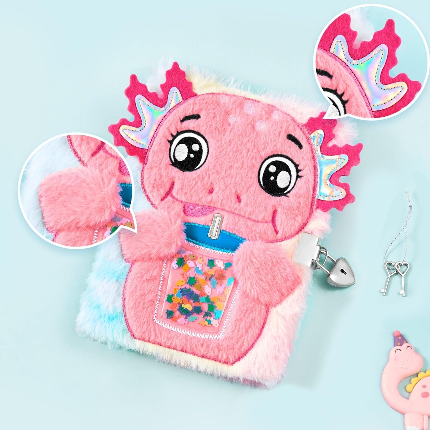 WERNNSAI Kids Plush Axolotl Diary with Lock – Secret A5 Journal for Girls