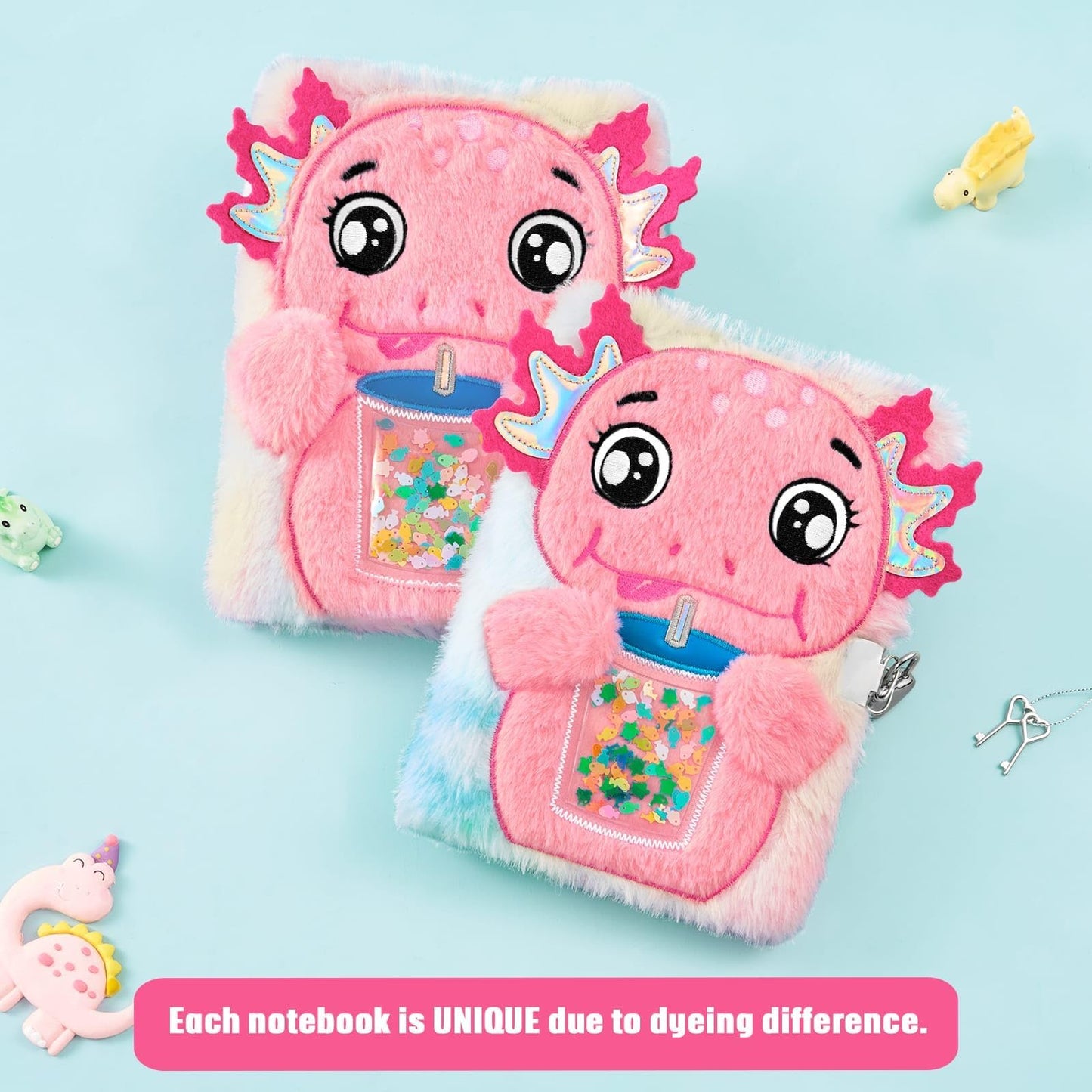 WERNNSAI Kids Plush Axolotl Diary with Lock – Secret A5 Journal for Girls