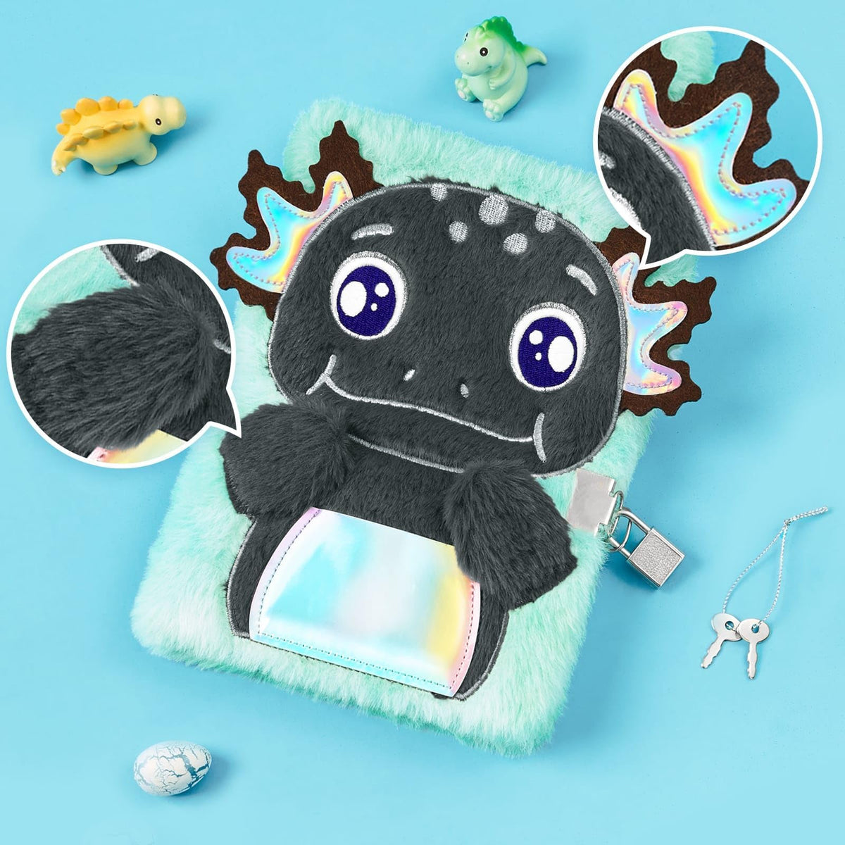 WERNNSAI Kids Plush Axolotl Diary with Lock and Key — Secret A5 Journal for Boys