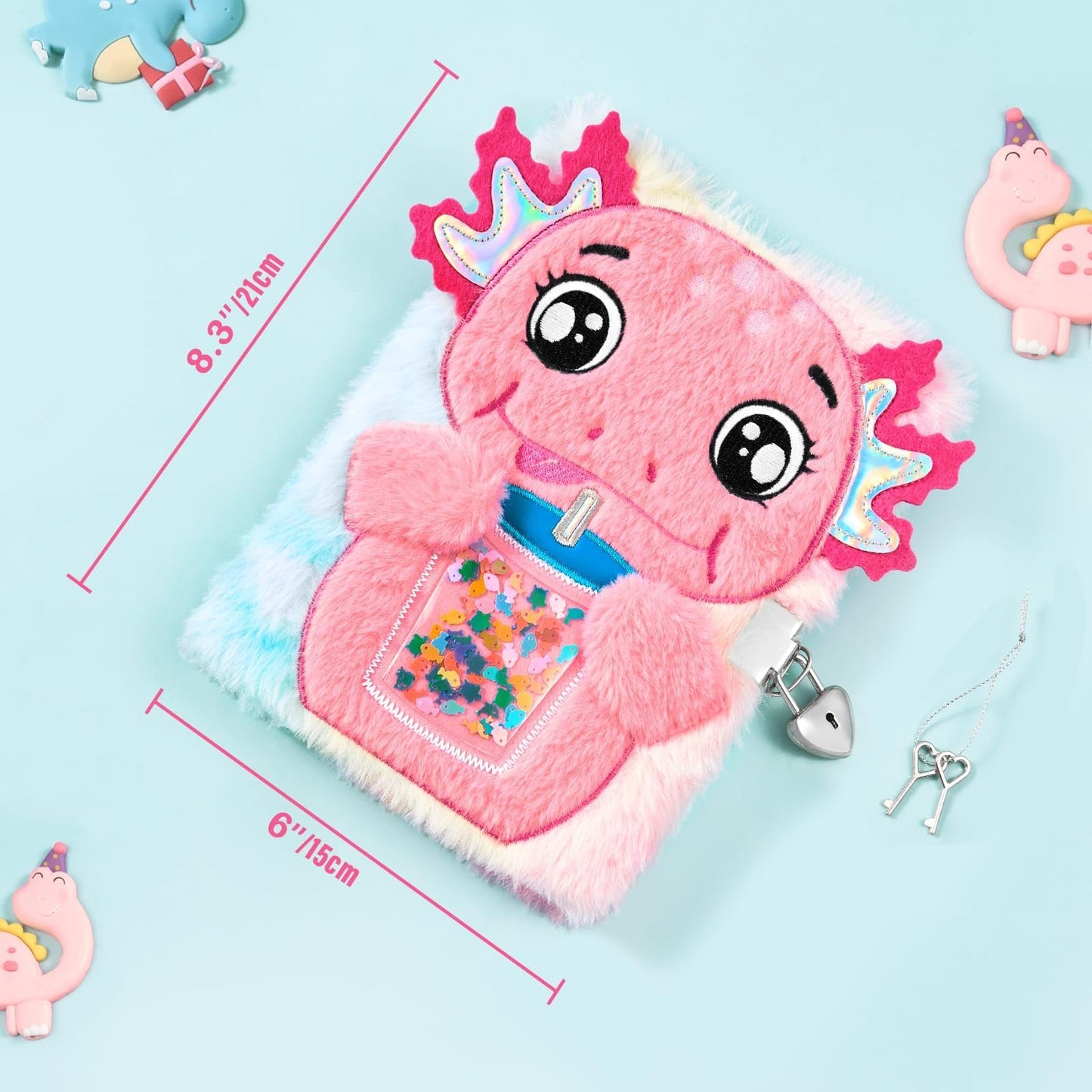 WERNNSAI Kids Plush Axolotl Diary with Lock – Secret A5 Journal for Girls