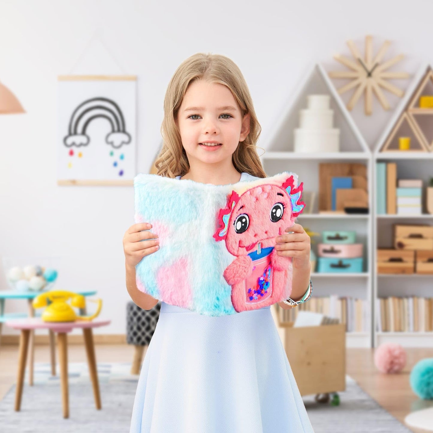 WERNNSAI Kids Plush Axolotl Diary with Lock – Secret A5 Journal for Girls
