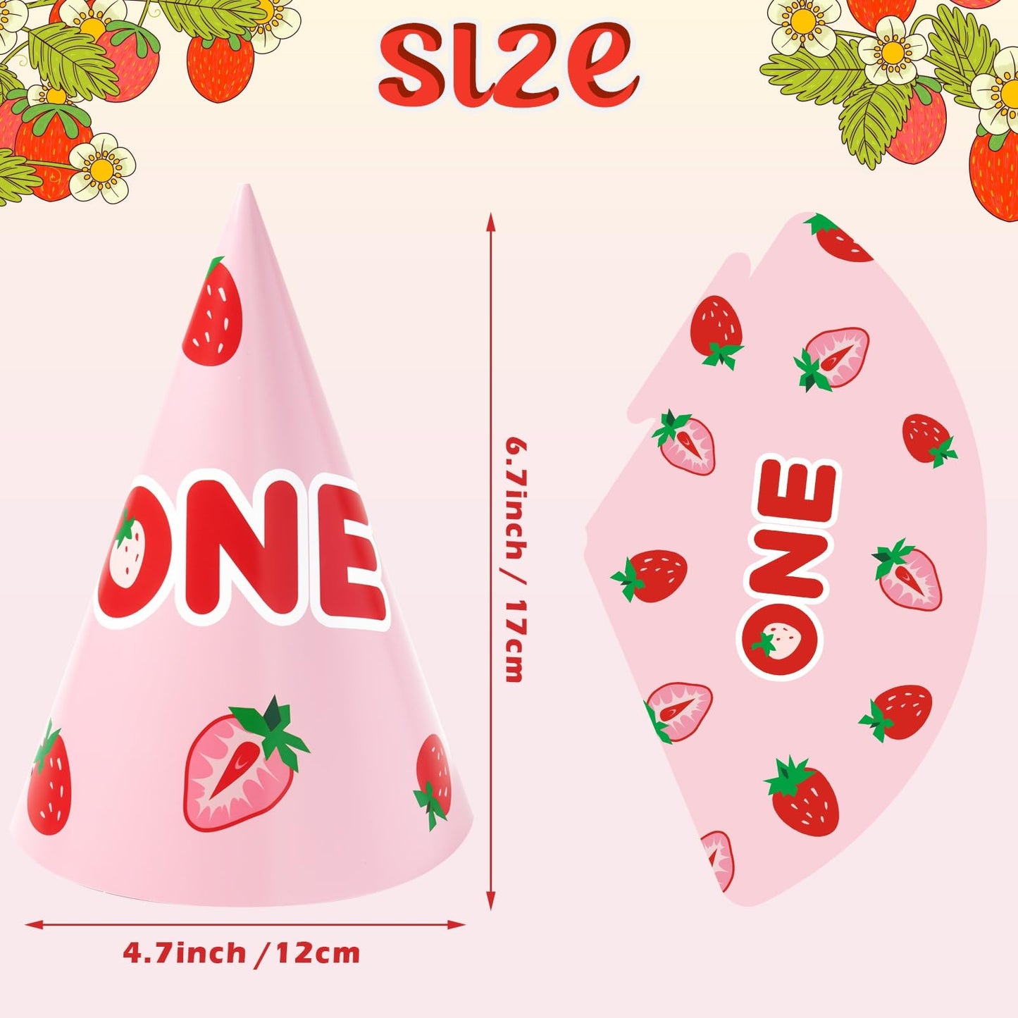 WERNNSAI Strawberry Party Hats - 12 Pack Berry First Birthday Hats for Pink Baby Shower & Christening Decor