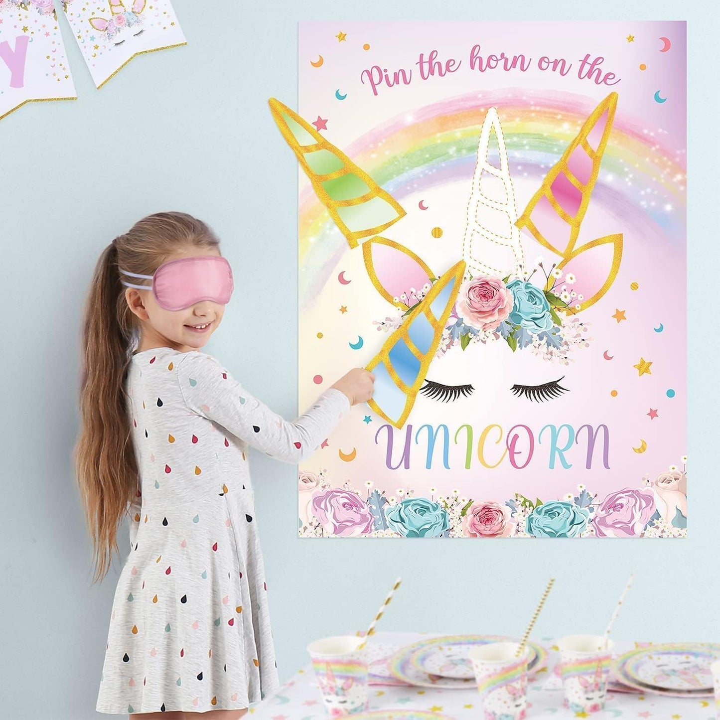 WERNNSAI Pin The Horn on The Unicorn - Unicorn Birthday Poster & Party Game