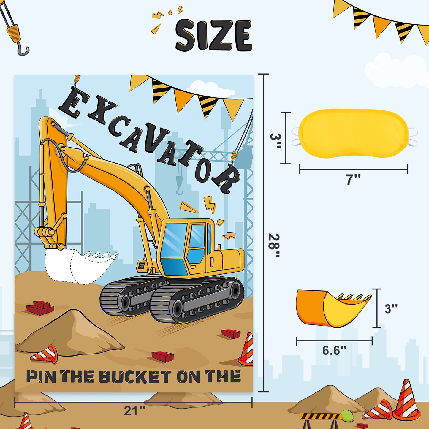 WERNNSAI Pin the Bucket on the Excavator – Construction Birthday Party Game Poster + 24 Stickers