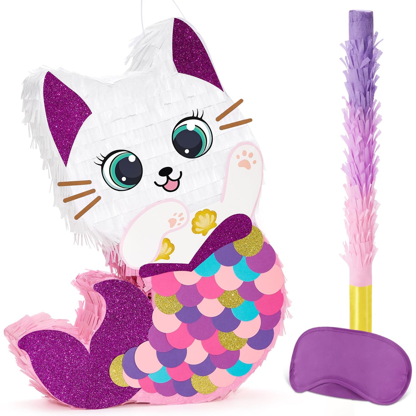 WERNNSAI Cat Piñata — Kitten Mermaid Birthday Party Decorations & Fun Game Set
