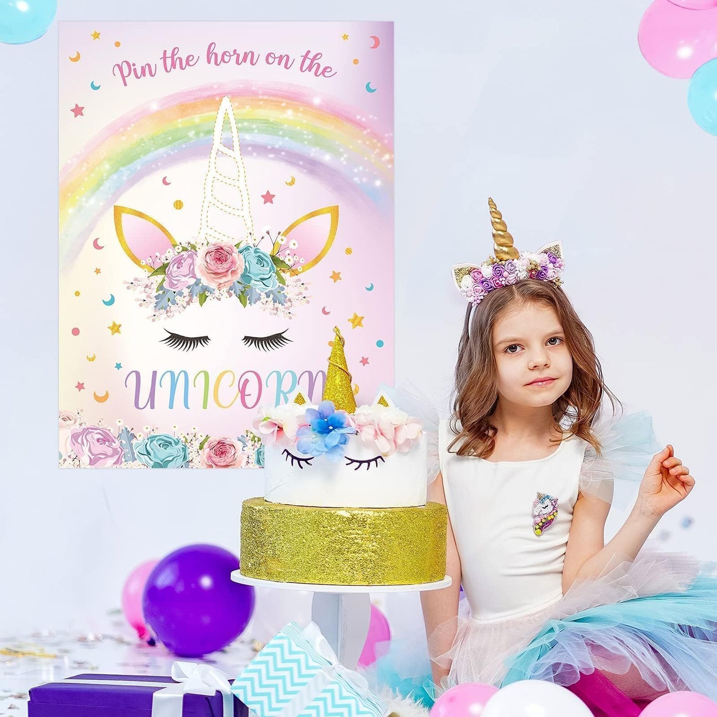 WERNNSAI Pin The Horn on The Unicorn - Unicorn Birthday Poster & Party Game