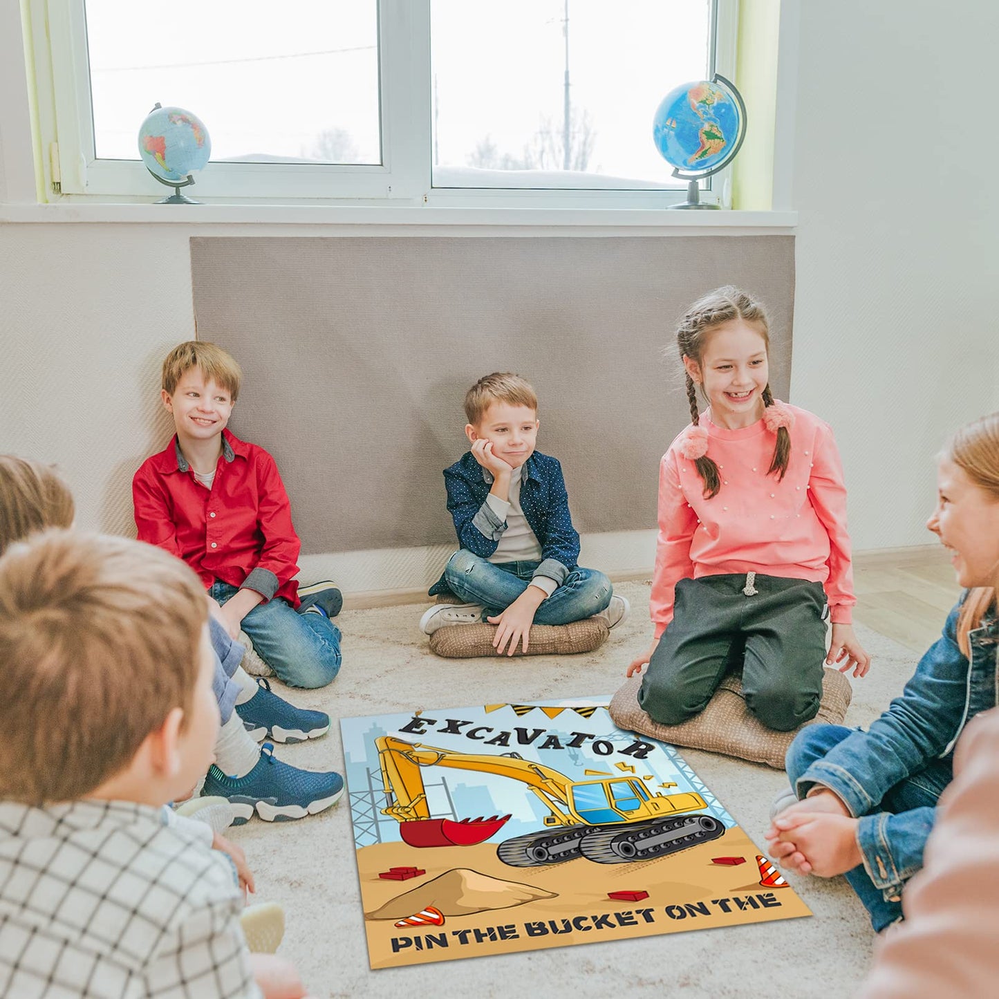 WERNNSAI Pin the Bucket on the Excavator – Construction Birthday Party Game Poster + 24 Stickers