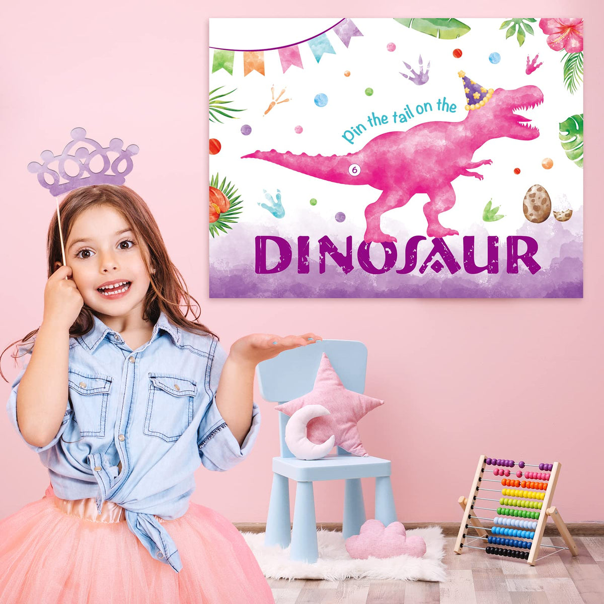 WERNNSAI Pin The Tail on The Dinosaur Game – 28-inch Poster Kit with Blindfold, 24 Pink Tails & 20 Dots
