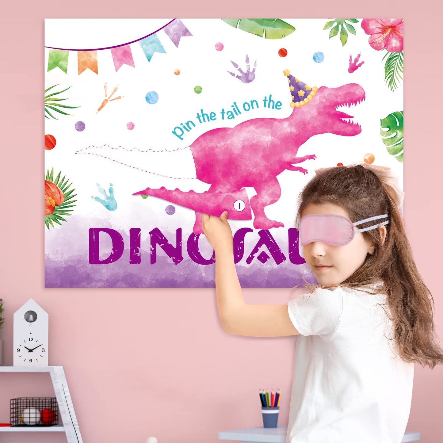 WERNNSAI Pin The Tail on The Dinosaur Game – 28-inch Poster Kit with Blindfold, 24 Pink Tails & 20 Dots