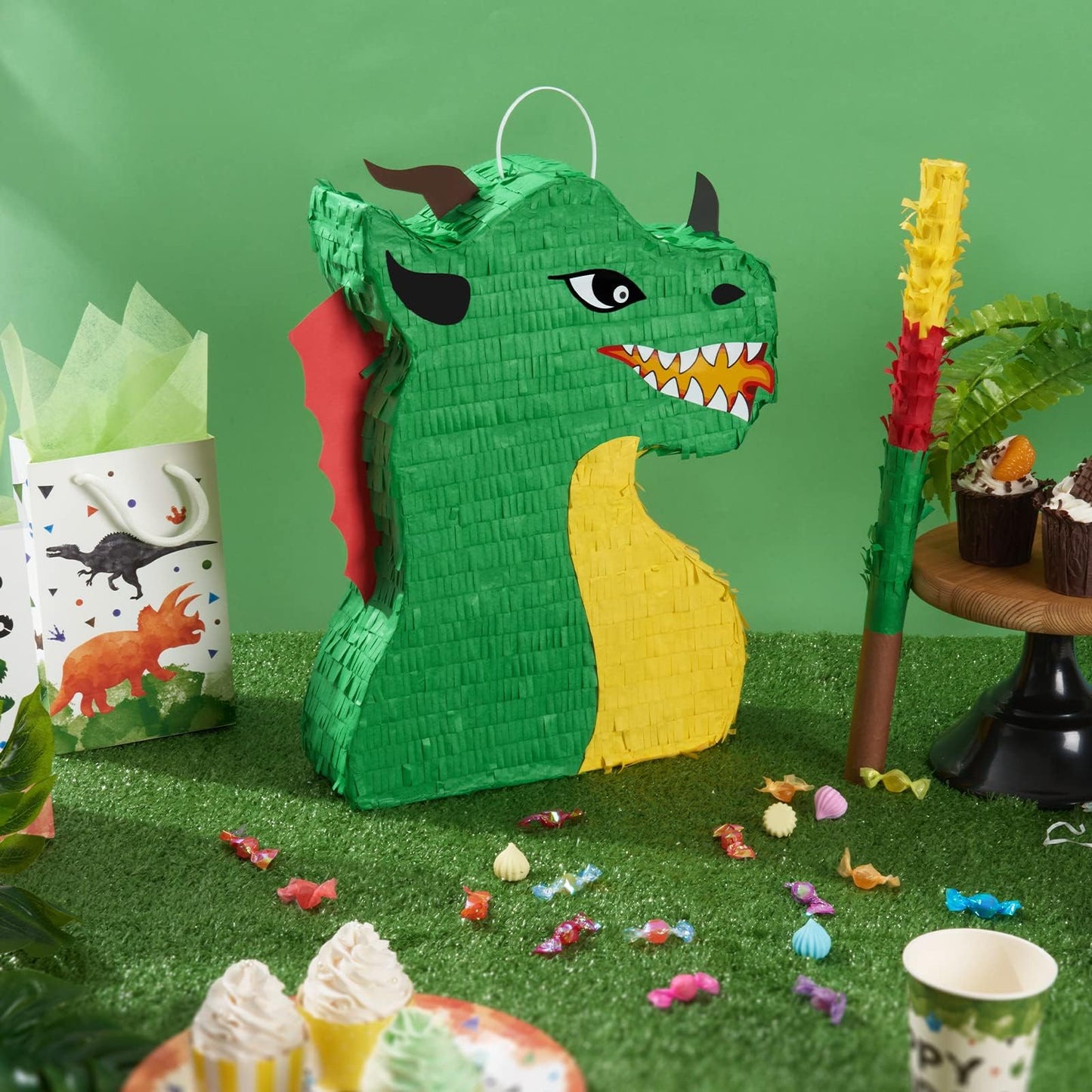 WERNNSAI Dragon Pinata Bundle – Dino Party Supplies with Blindfold & Stick (15.5 x 10 x 3)