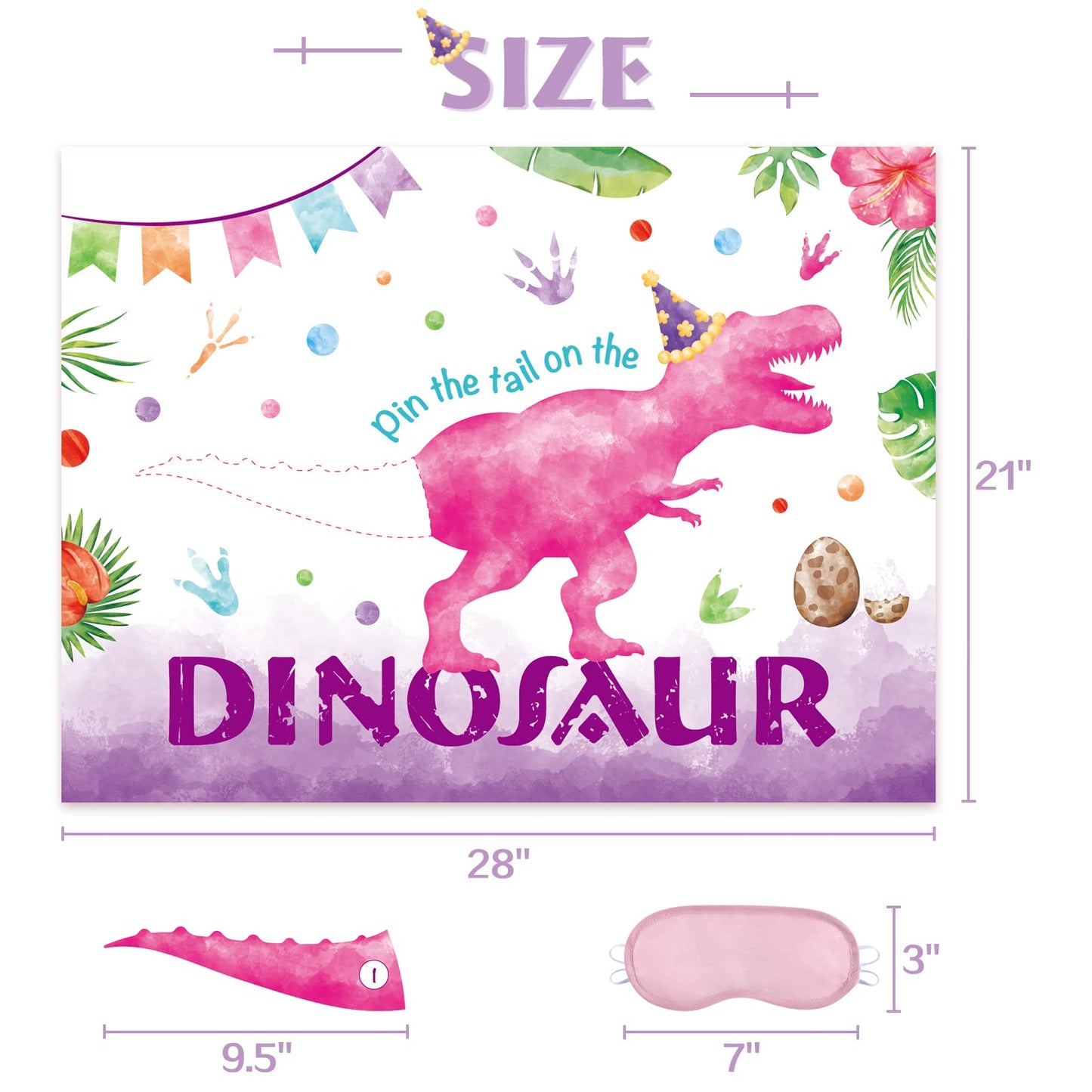 WERNNSAI Pin The Tail on The Dinosaur Game – 28-inch Poster Kit with Blindfold, 24 Pink Tails & 20 Dots