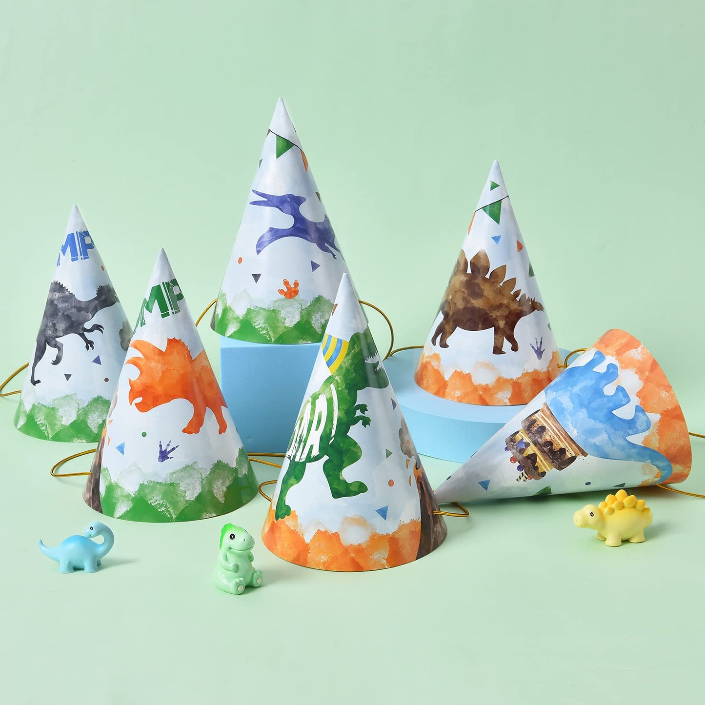 WERNNSAI 12-Pc Watercolor Dinosaur Party Hats for Kids Birthday Parties