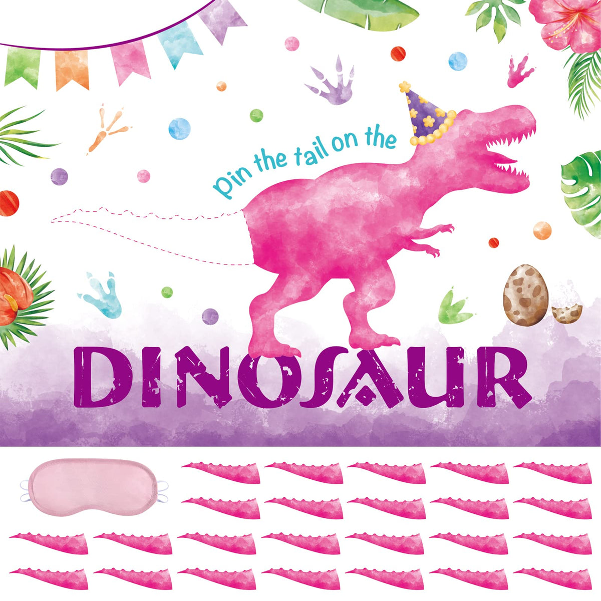 WERNNSAI Pin The Tail on The Dinosaur Game – 28-inch Poster Kit with Blindfold, 24 Pink Tails & 20 Dots