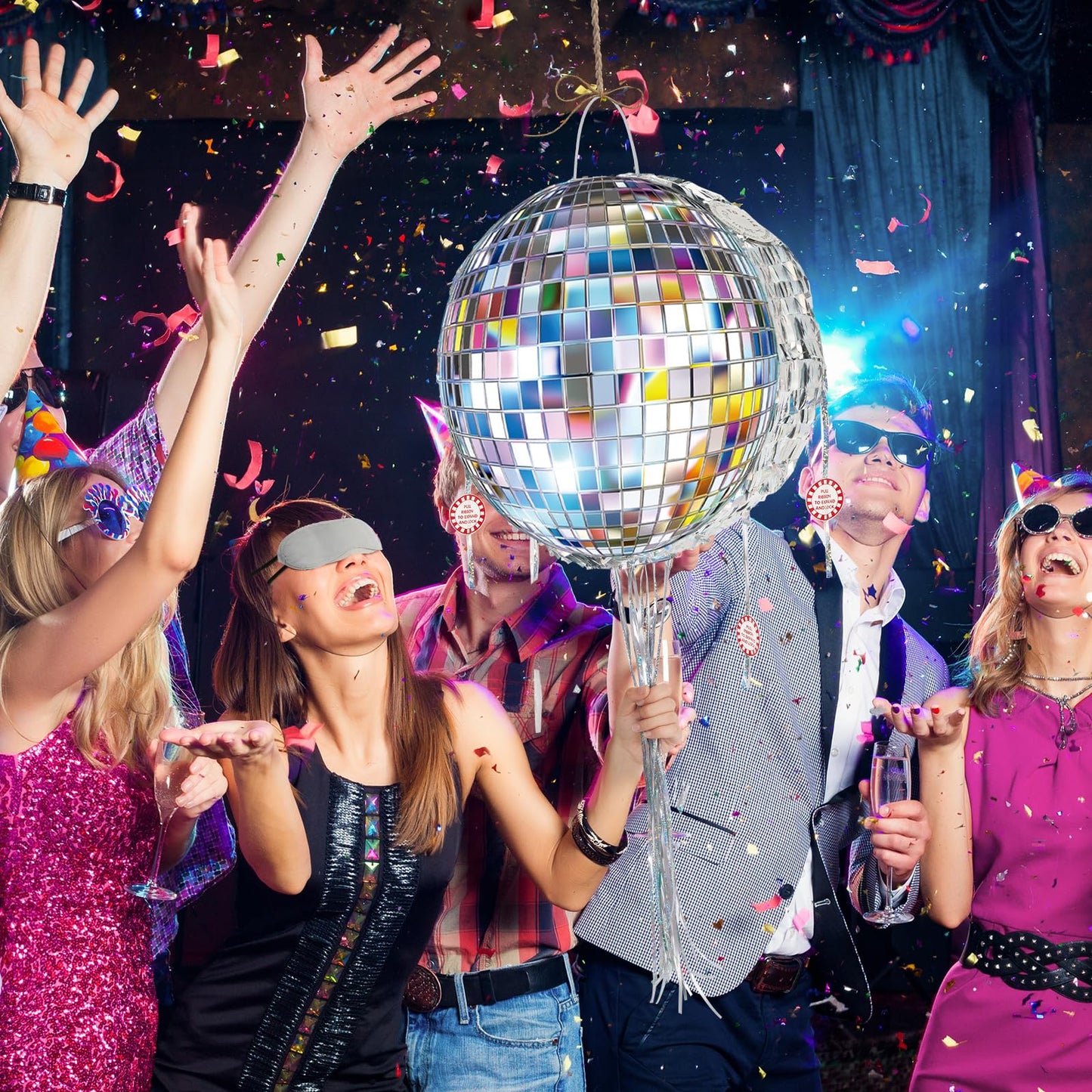 WERNNSAI Disco Ball Pinata – Mirror Pinata for Disco Parties with Pull String, Bat & Eye Mask