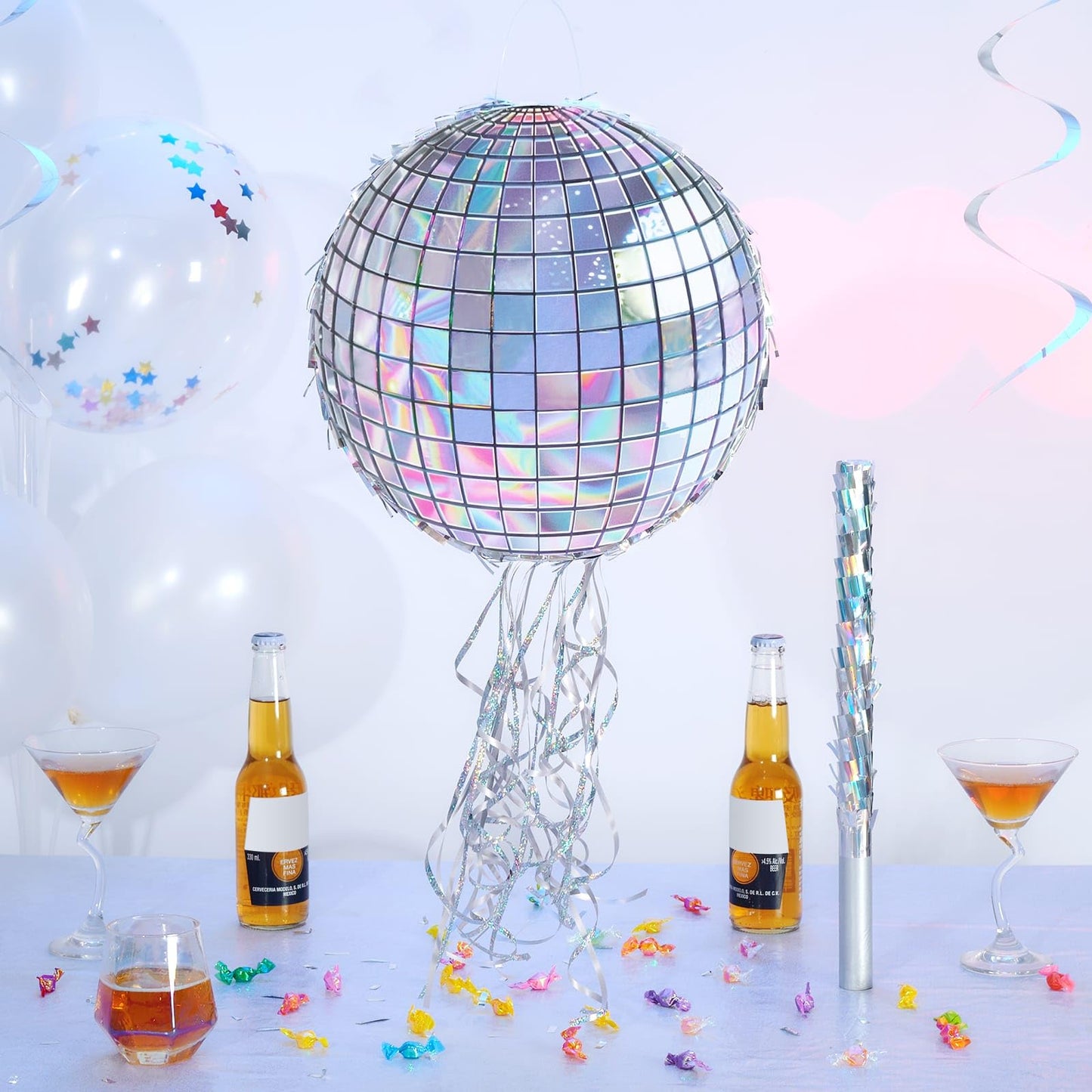 WERNNSAI Disco Ball Pinata - Hanging Disco Party Decor for Adults, Pull String and Bat Included, 12.2" x 12.2"
