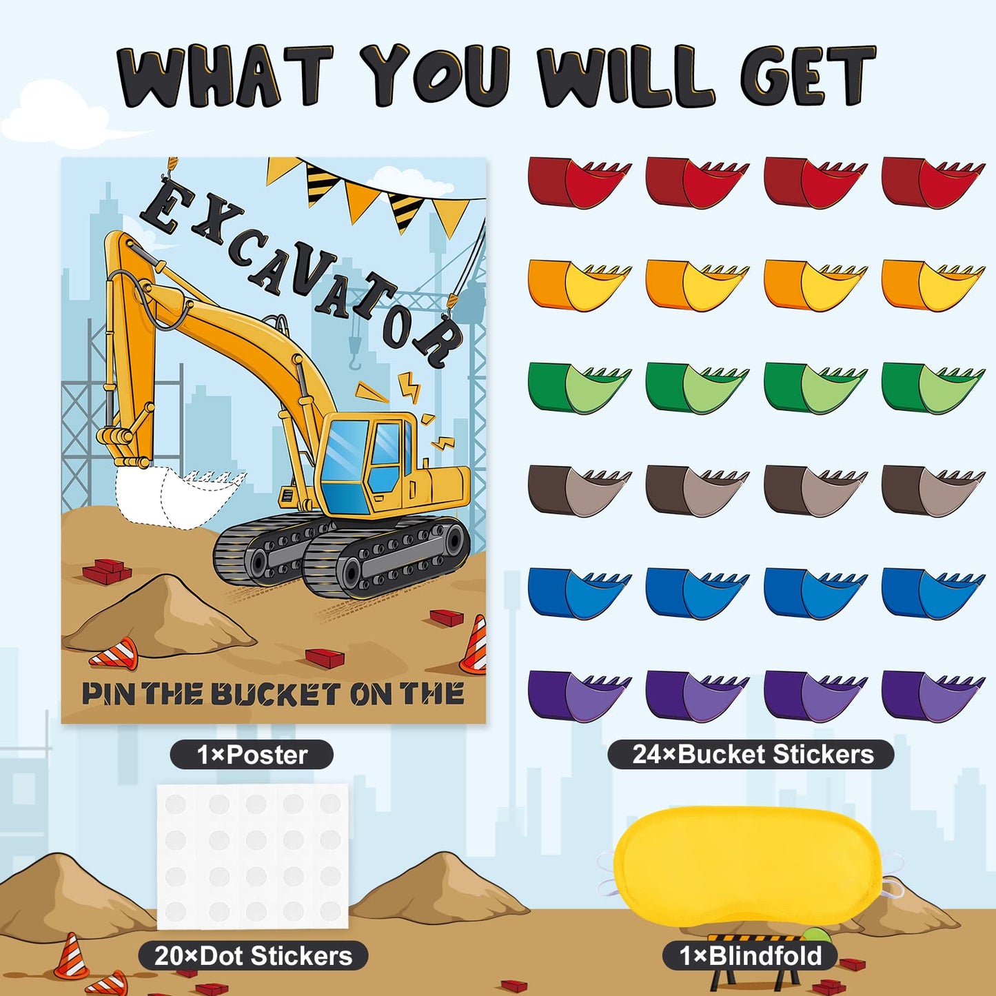 WERNNSAI Pin the Bucket on the Excavator – Construction Birthday Party Game Poster + 24 Stickers
