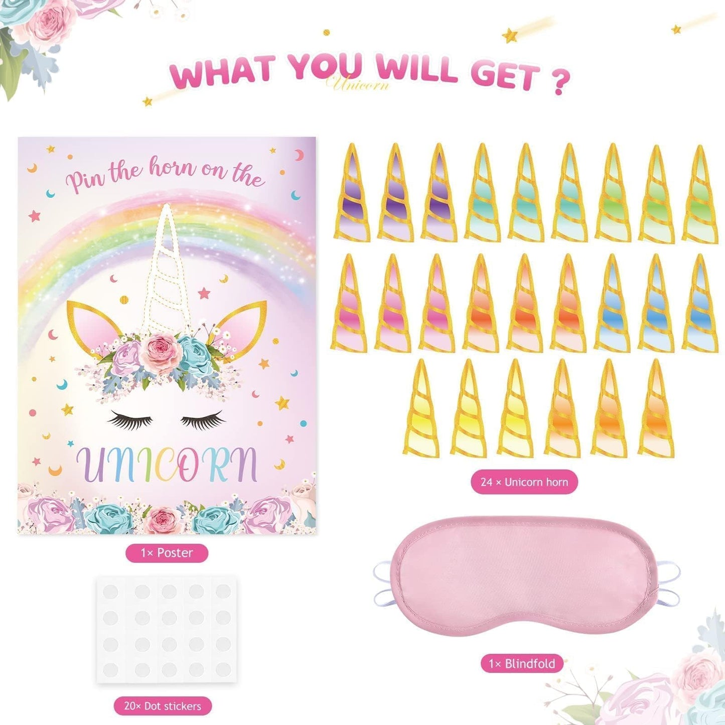 WERNNSAI Pin The Horn on The Unicorn - Unicorn Birthday Poster & Party Game