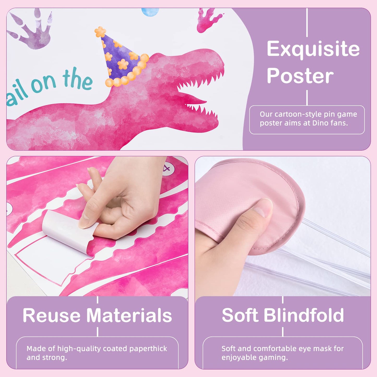 WERNNSAI Pin The Tail on The Dinosaur Game – 28-inch Poster Kit with Blindfold, 24 Pink Tails & 20 Dots