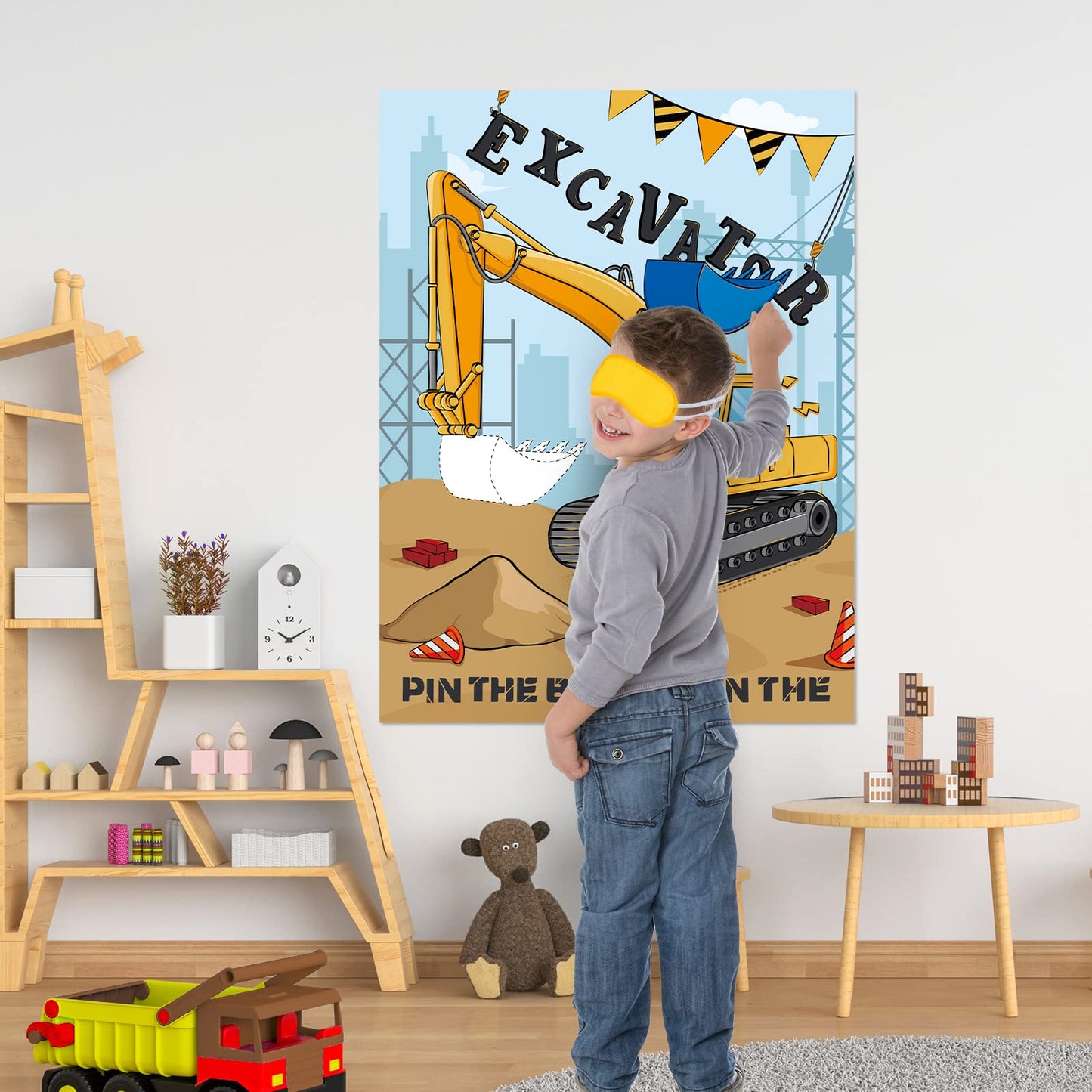 WERNNSAI Pin the Bucket on the Excavator – Construction Birthday Party Game Poster + 24 Stickers