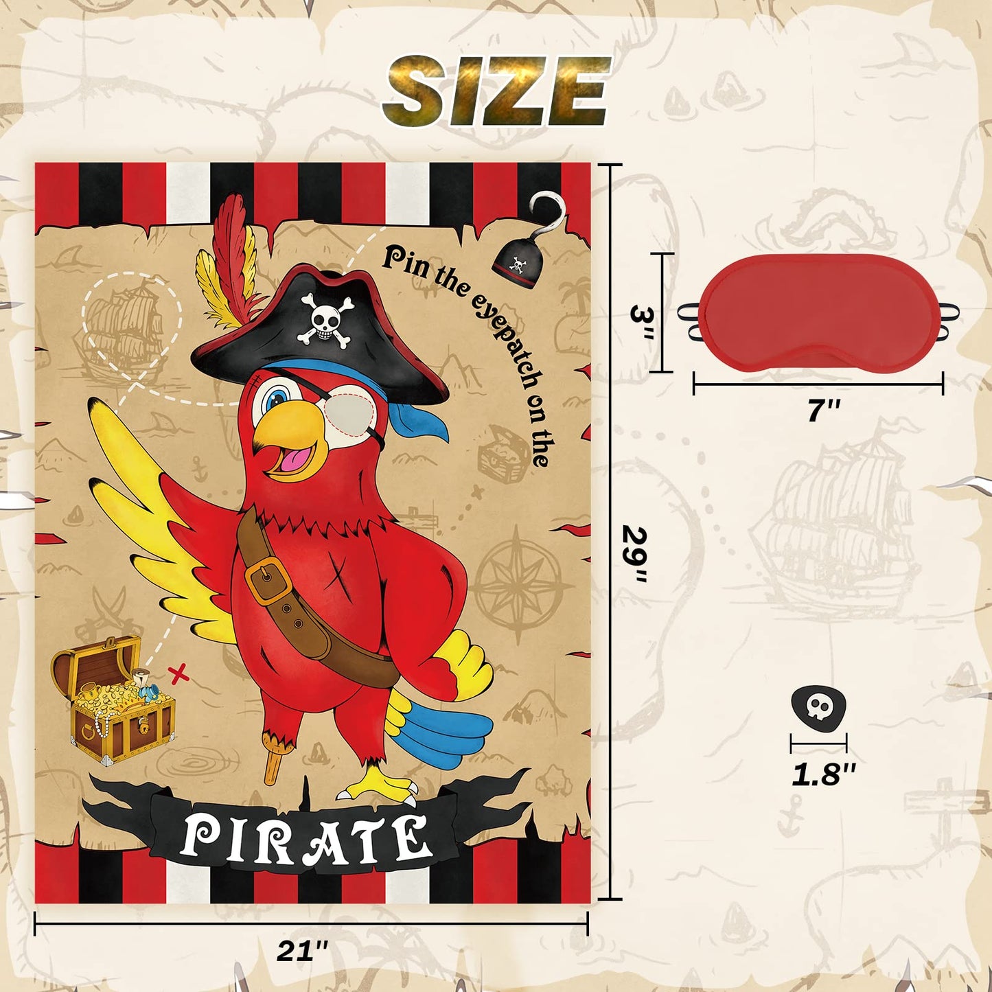WERNNSAI Pin The Eye Patch on The Pirate – 28x21 Pirate Party Poster with 24 Reusable Eye Patch Stickers