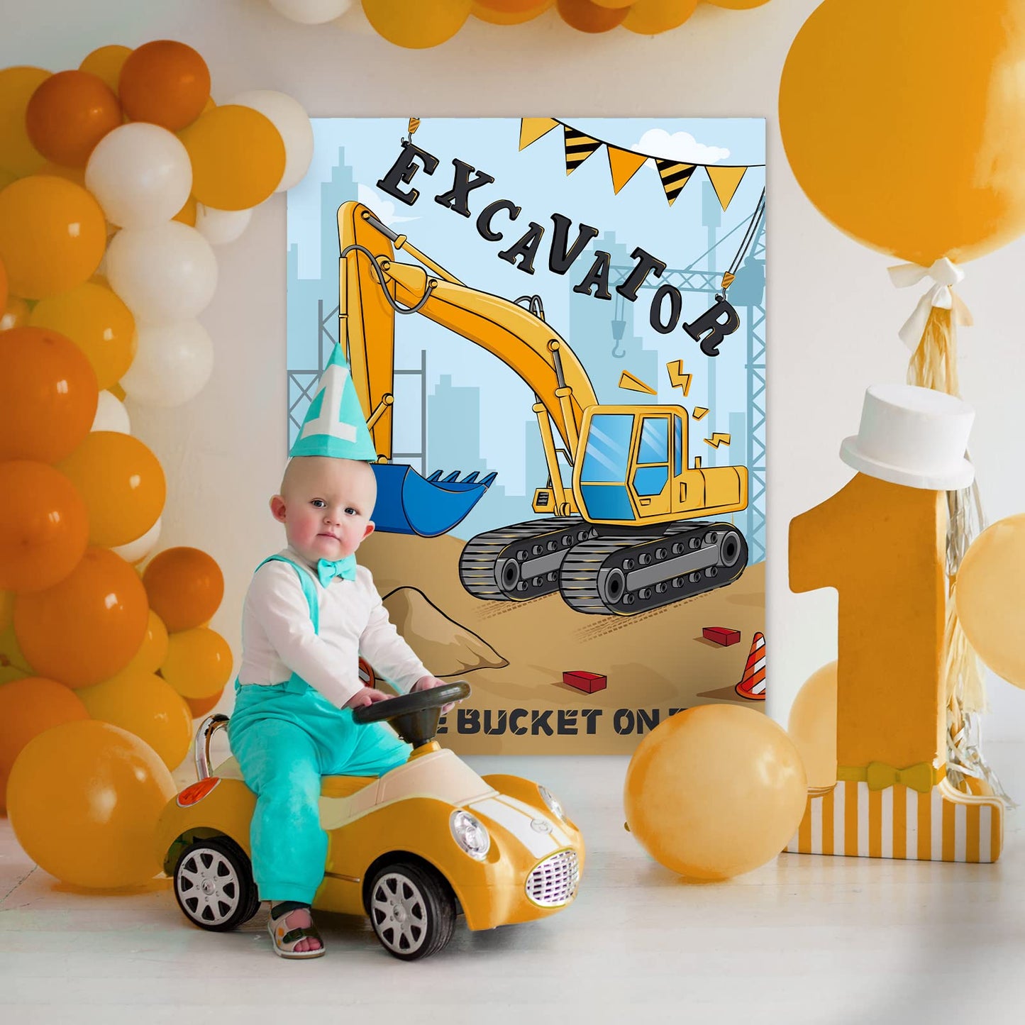WERNNSAI Pin the Bucket on the Excavator – Construction Birthday Party Game Poster + 24 Stickers