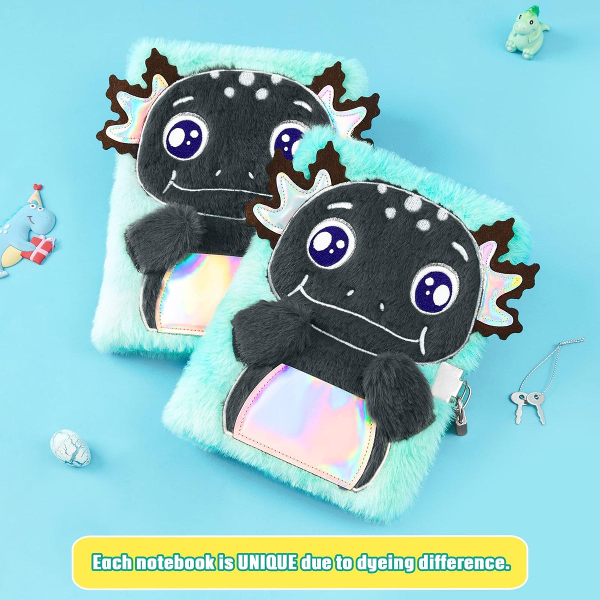 WERNNSAI Kids Plush Axolotl Diary with Lock and Key — Secret A5 Journal for Boys