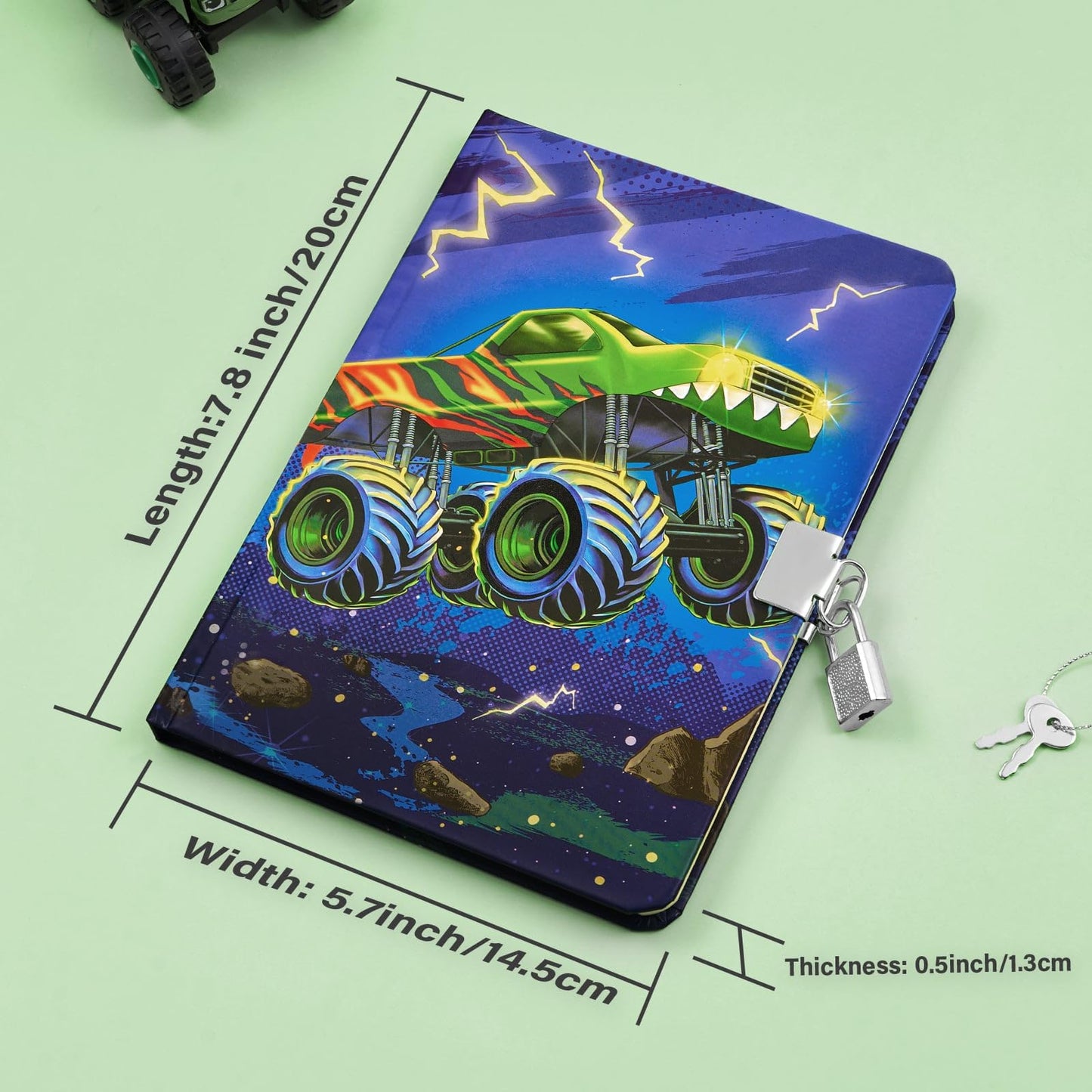 WERNNSAI Luminous Monster Truck Kids Diary with Lock – A5 Journal for Boys 6-12
