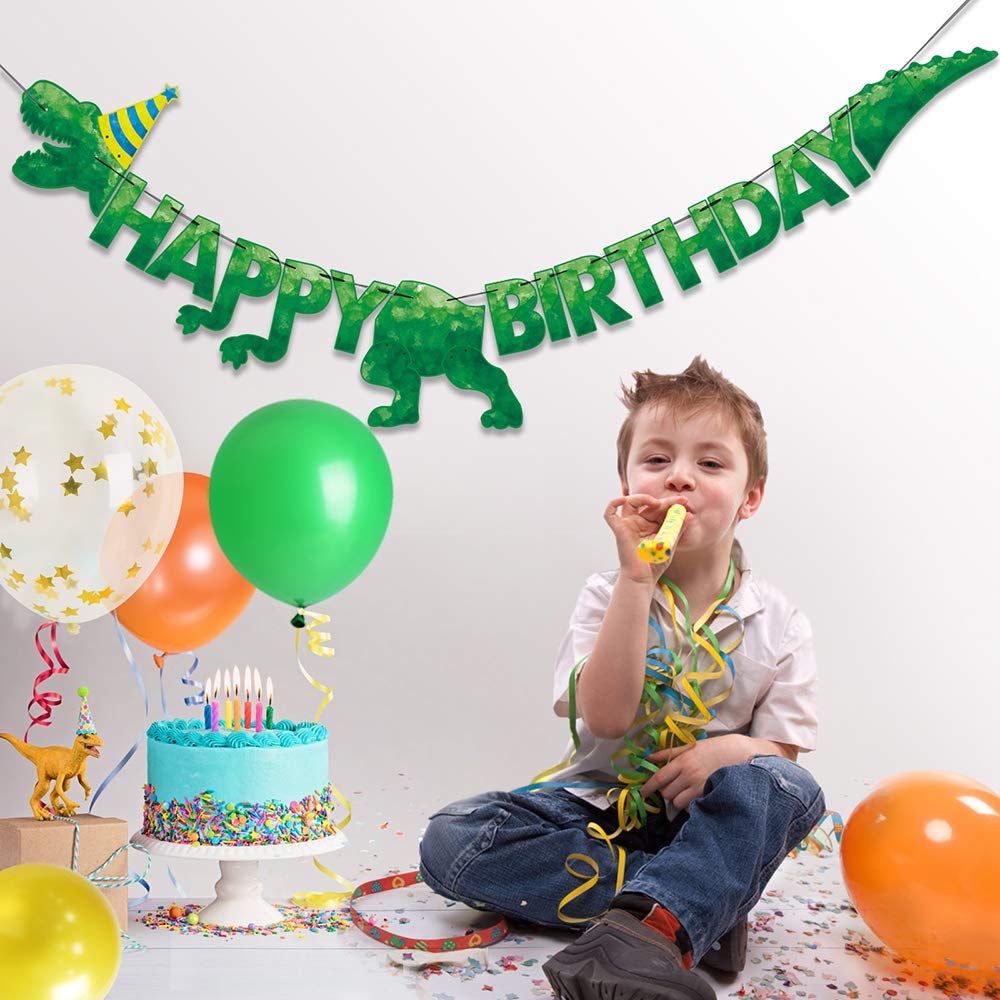 WERNNSAI Happy Birthday Banner - Watercolor Dinosaur Banner, Green Dino Theme Party Decor, Pre-Strung 180" x 15"