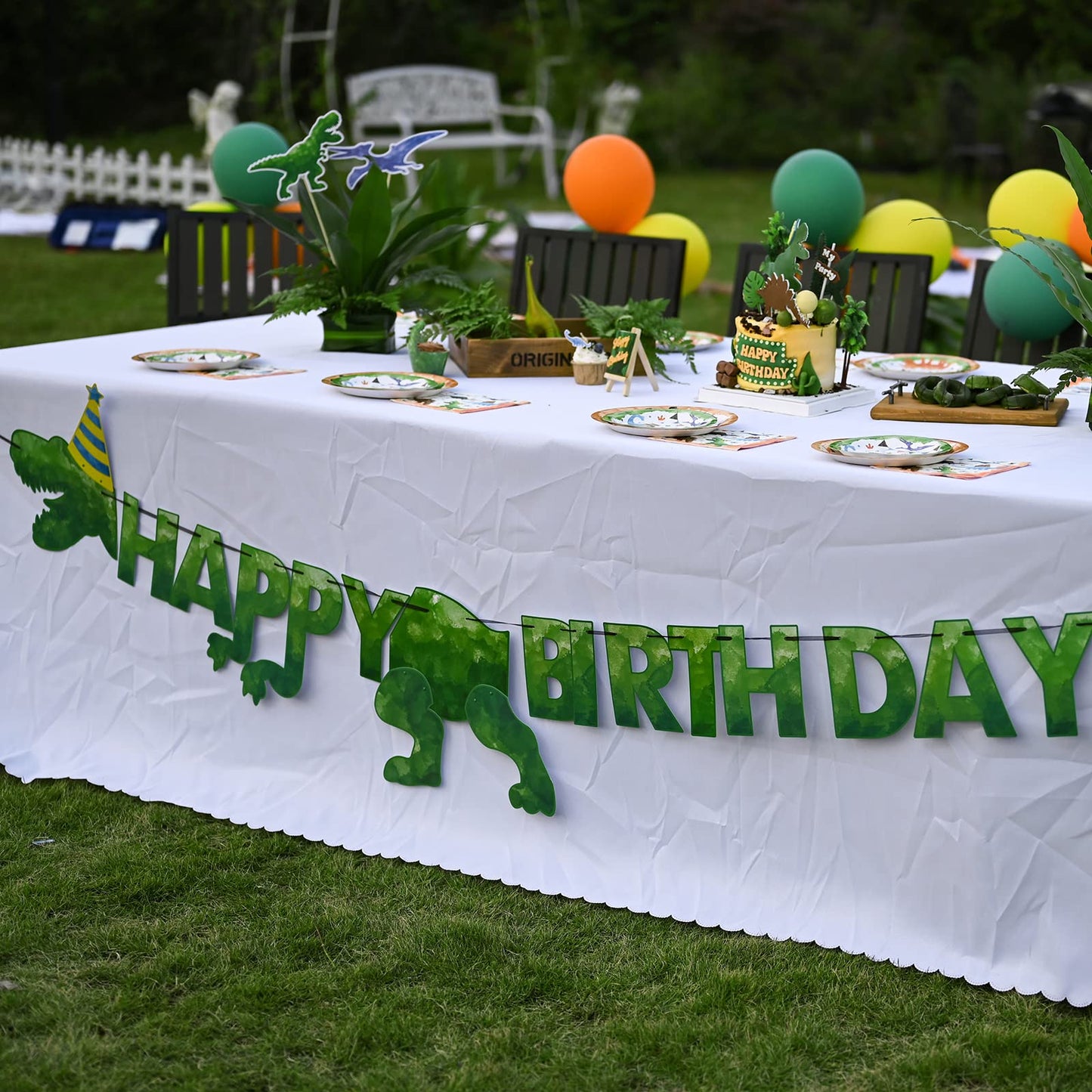 WERNNSAI Happy Birthday Banner - Watercolor Dinosaur Banner, Green Dino Theme Party Decor, Pre-Strung 180" x 15"