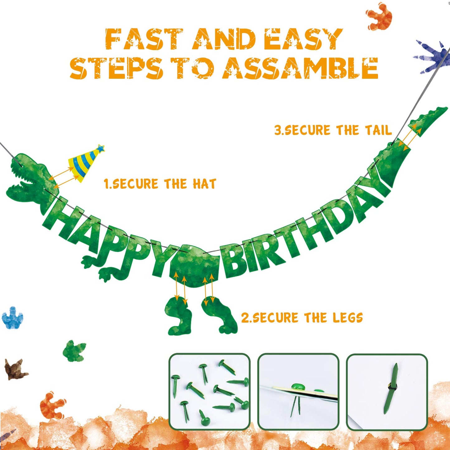 WERNNSAI Happy Birthday Banner - Watercolor Dinosaur Banner, Green Dino Theme Party Decor, Pre-Strung 180" x 15"