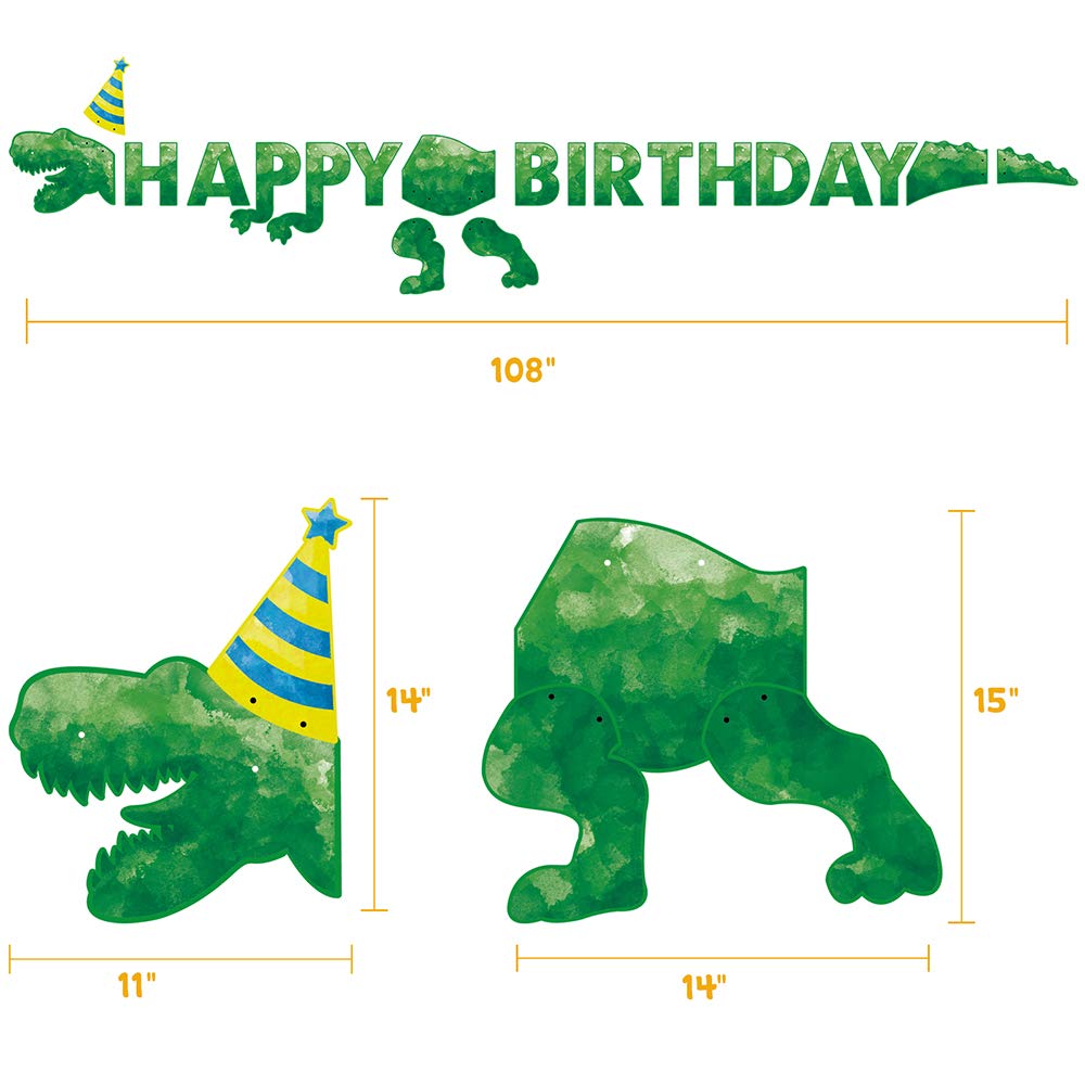 WERNNSAI Happy Birthday Banner - Watercolor Dinosaur Banner, Green Dino Theme Party Decor, Pre-Strung 180" x 15"