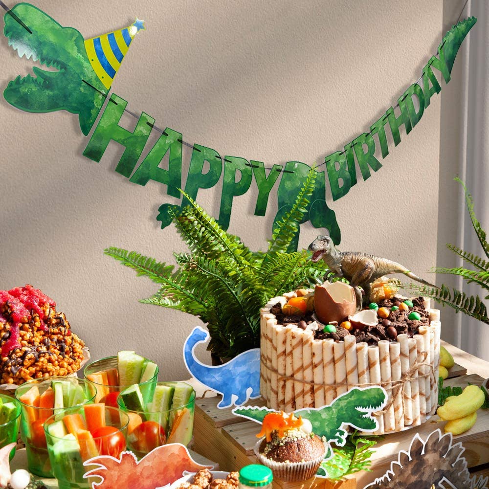 WERNNSAI Happy Birthday Banner - Watercolor Dinosaur Banner, Green Dino Theme Party Decor, Pre-Strung 180" x 15"