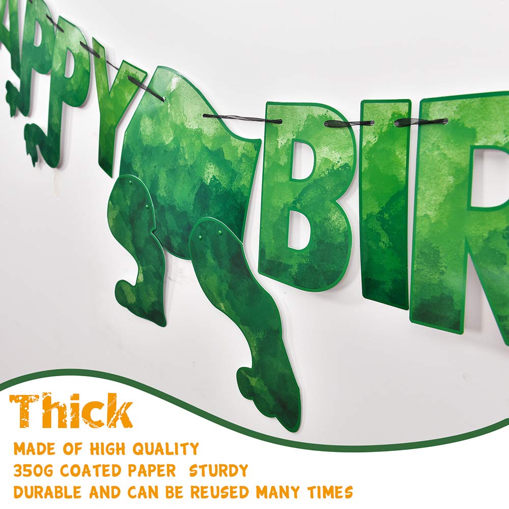 WERNNSAI Happy Birthday Banner - Watercolor Dinosaur Banner, Green Dino Theme Party Decor, Pre-Strung 180" x 15"