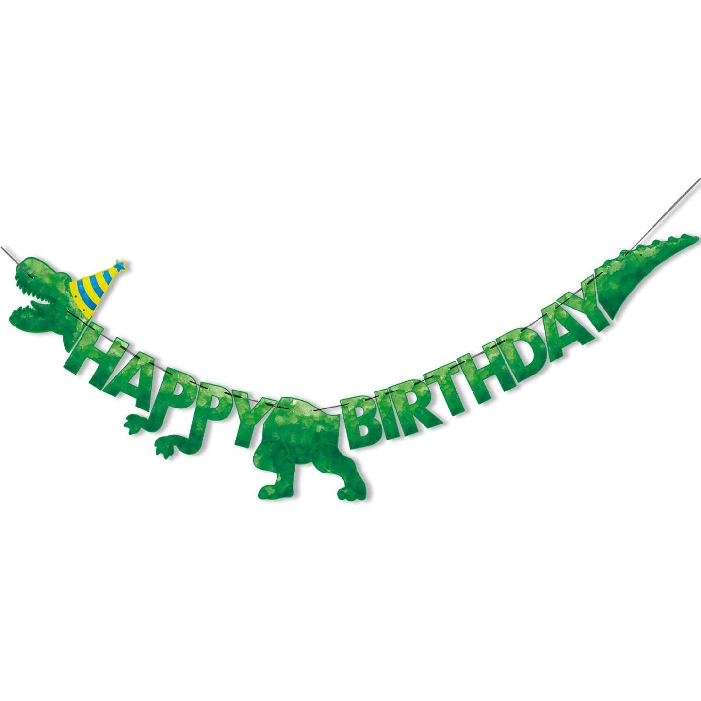 WERNNSAI Happy Birthday Banner - Watercolor Dinosaur Banner, Green Dino Theme Party Decor, Pre-Strung 180" x 15"