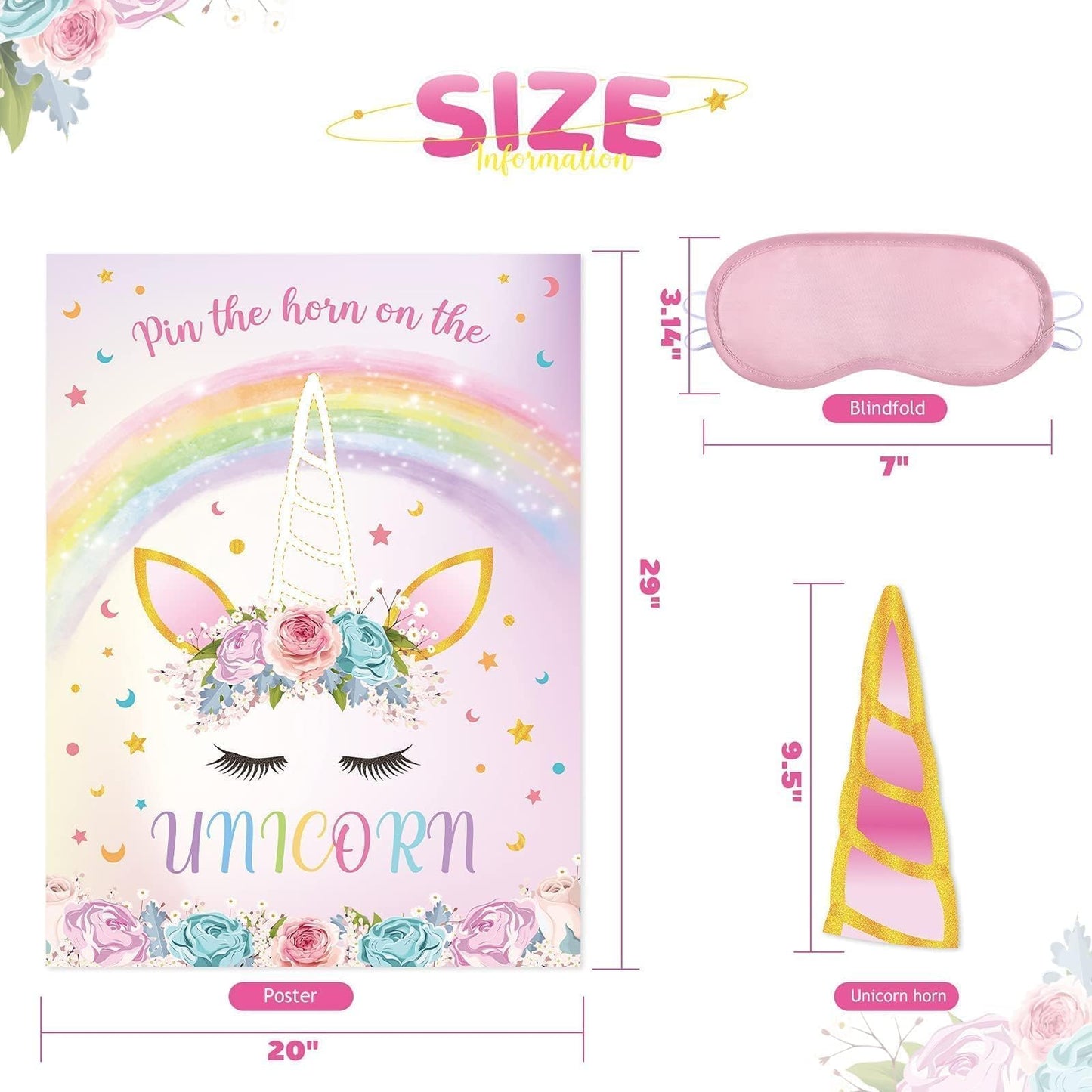 WERNNSAI Pin The Horn on The Unicorn - Unicorn Birthday Poster & Party Game