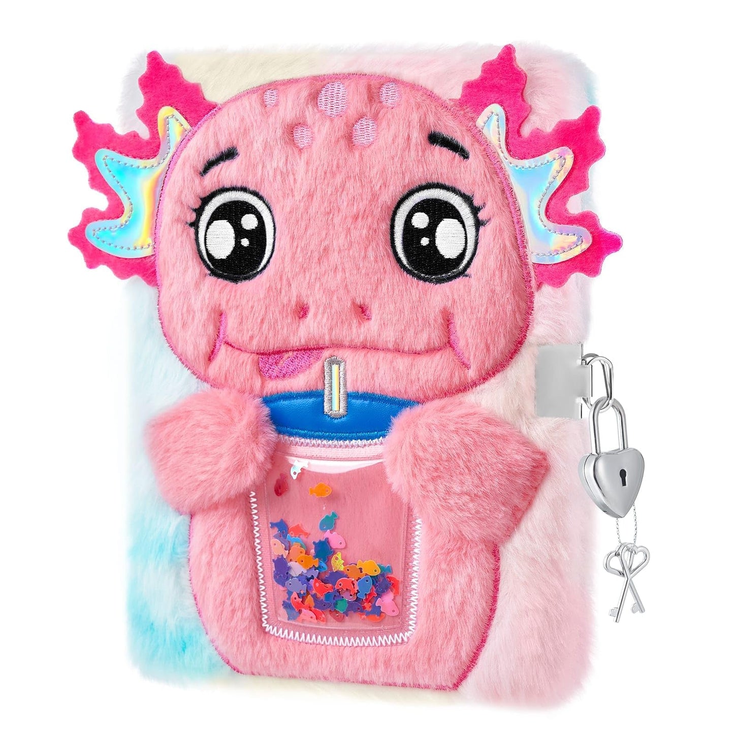 WERNNSAI Kids Plush Axolotl Diary with Lock – Secret A5 Journal for Girls
