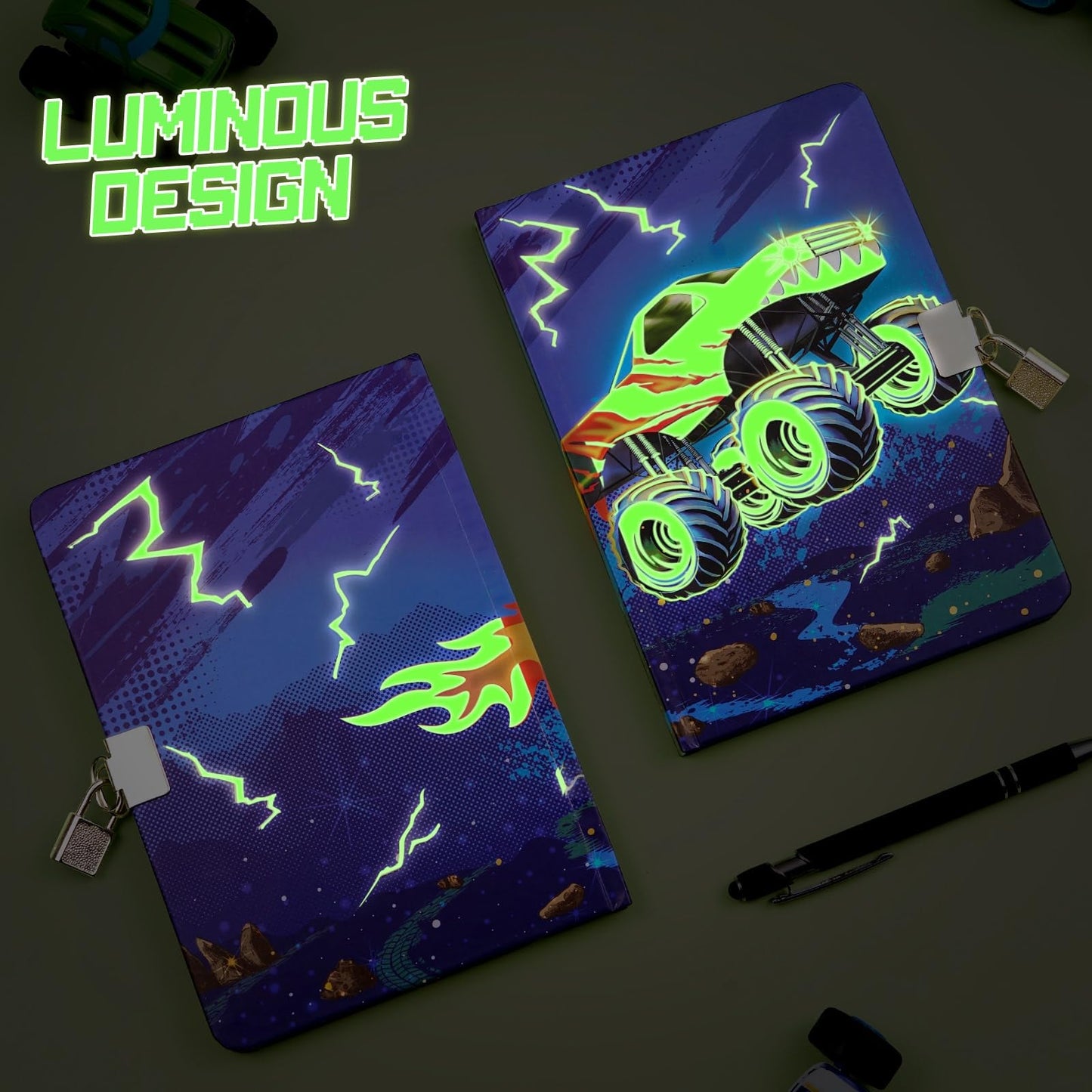 WERNNSAI Luminous Monster Truck Kids Diary with Lock – A5 Journal for Boys 6-12