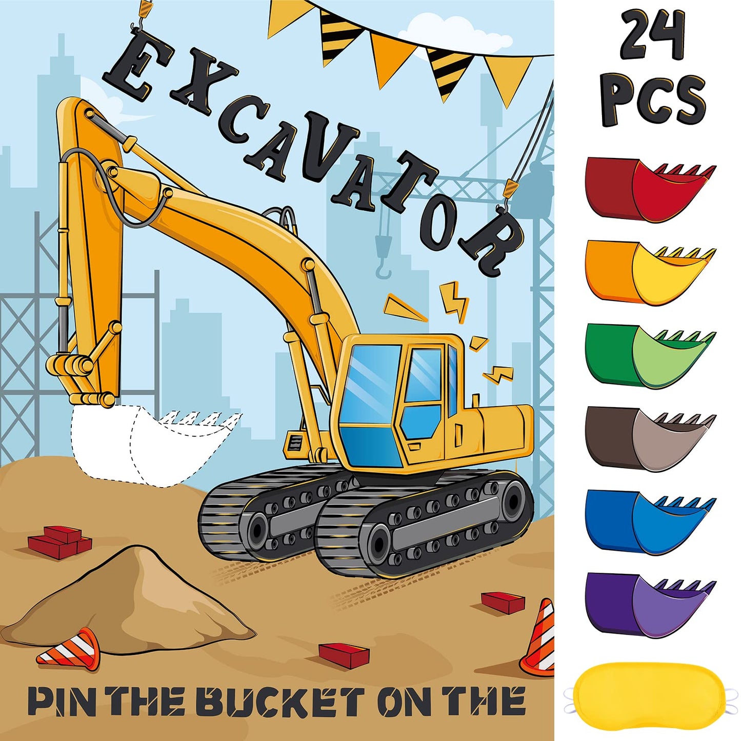 WERNNSAI Pin the Bucket on the Excavator – Construction Birthday Party Game Poster + 24 Stickers