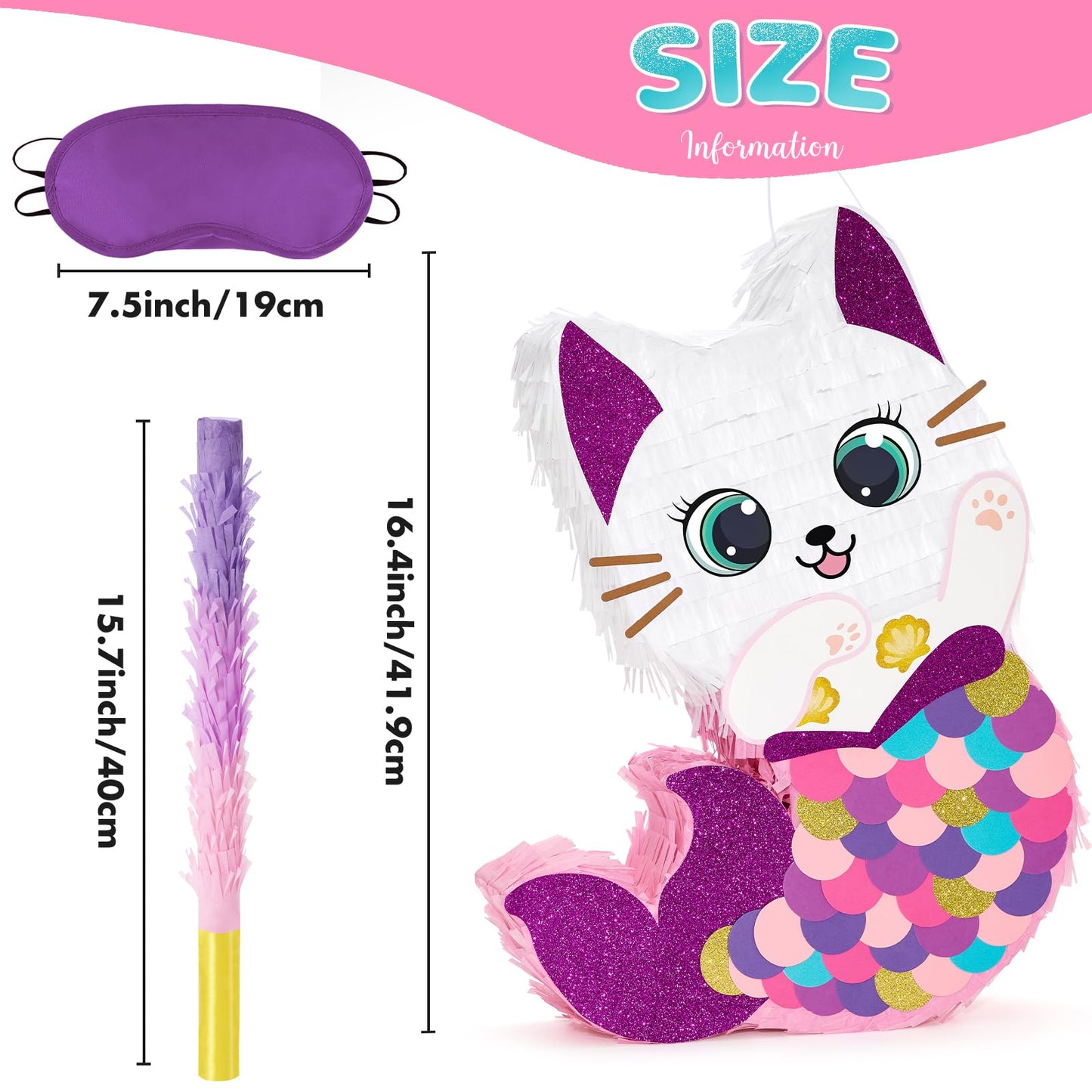 WERNNSAI Cat Piñata — Kitten Mermaid Birthday Party Decorations & Fun Game Set