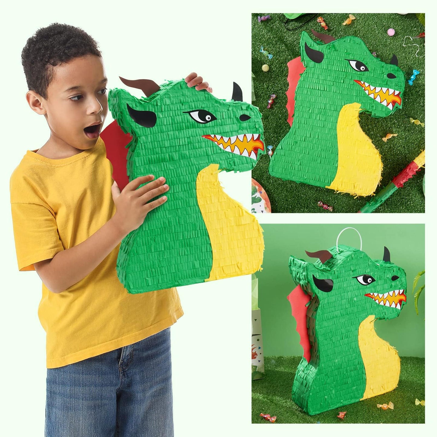 WERNNSAI Dragon Pinata Bundle – Dino Party Supplies with Blindfold & Stick (15.5 x 10 x 3)