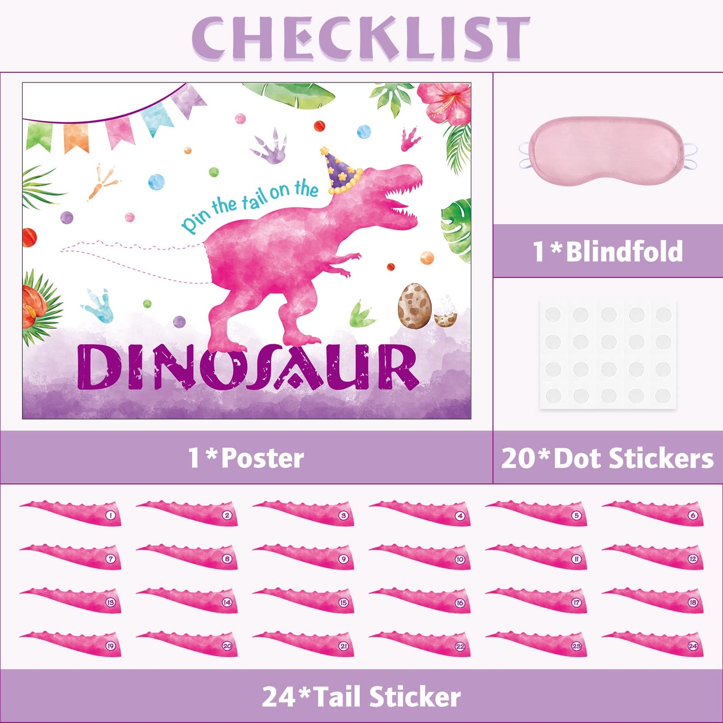 WERNNSAI Pin The Tail on The Dinosaur Game – 28-inch Poster Kit with Blindfold, 24 Pink Tails & 20 Dots