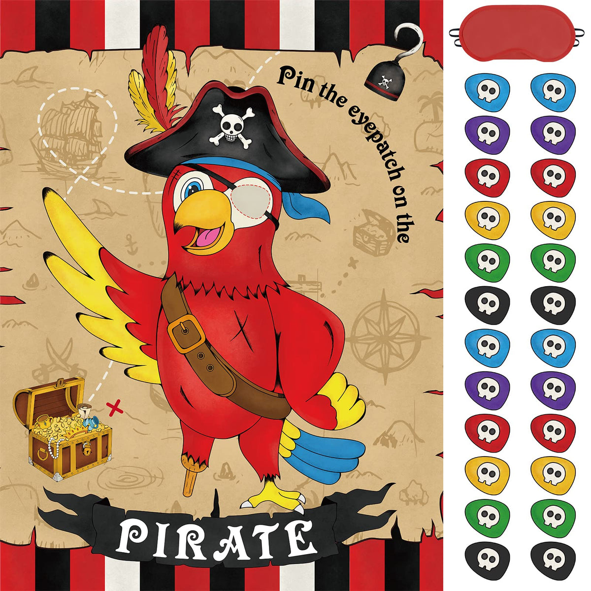 WERNNSAI Pin The Eye Patch on The Pirate – 28x21 Pirate Party Poster with 24 Reusable Eye Patch Stickers
