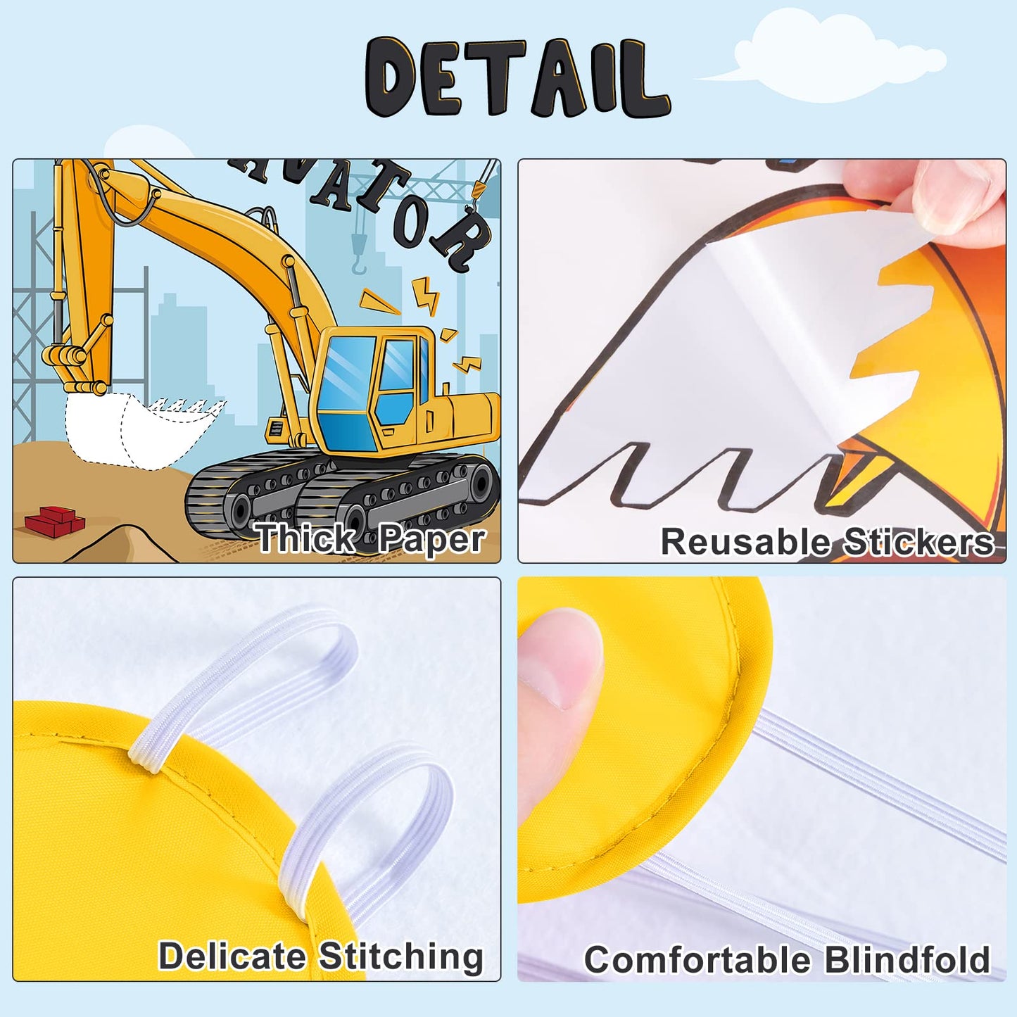 WERNNSAI Pin the Bucket on the Excavator – Construction Birthday Party Game Poster + 24 Stickers