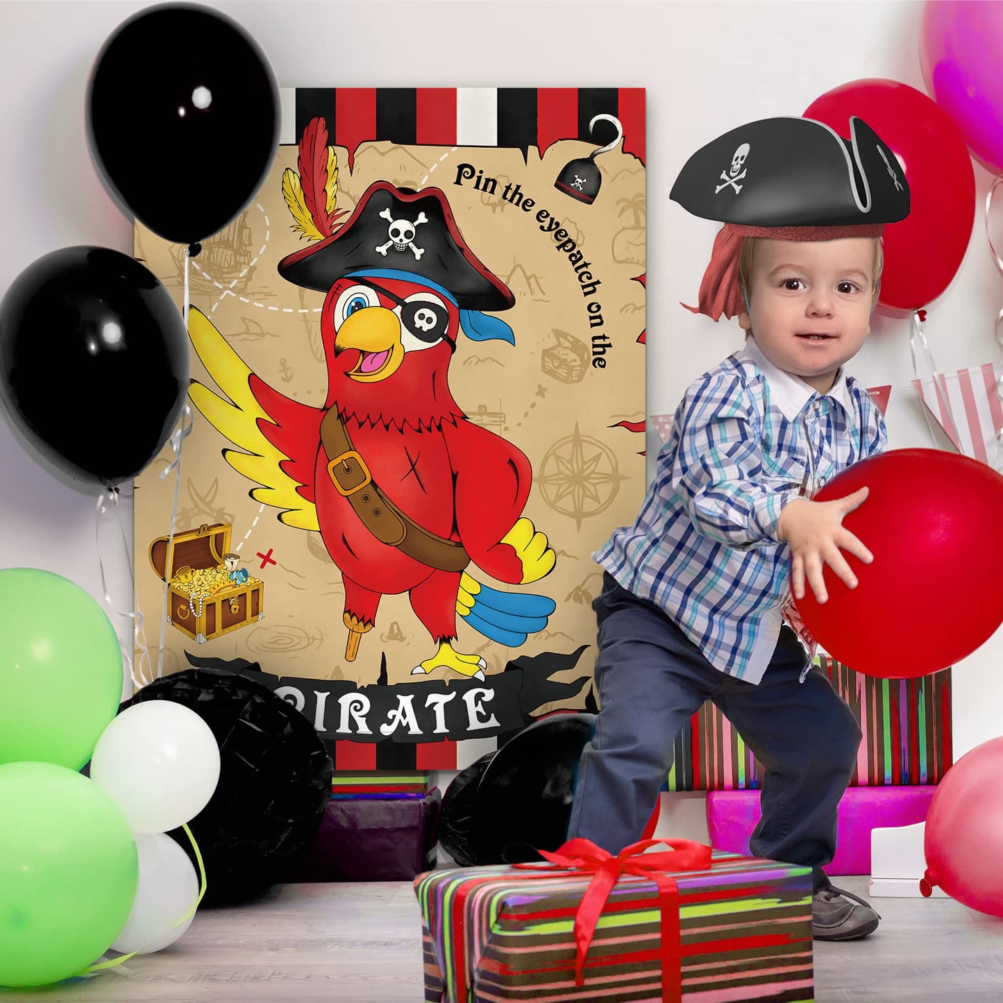 WERNNSAI Pin The Eye Patch on The Pirate – 28x21 Pirate Party Poster with 24 Reusable Eye Patch Stickers