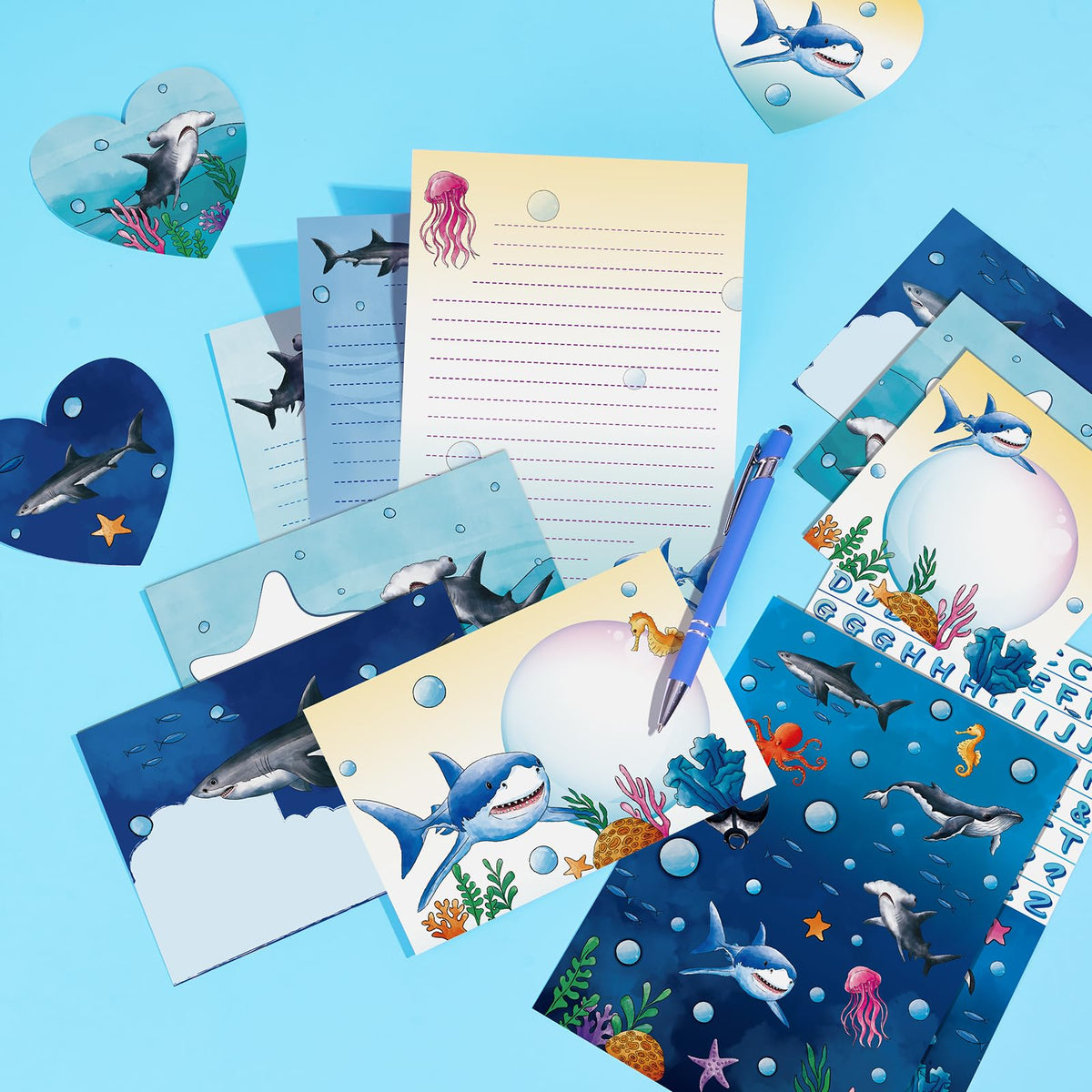 WERNNSAI 69 PCS Shark Kids Stationery Set – Letters, Envelopes, Greeting Cards & Pen