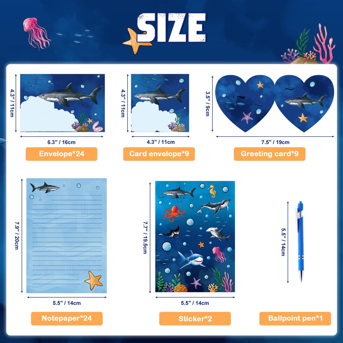 WERNNSAI 69 PCS Shark Kids Stationery Set – Letters, Envelopes, Greeting Cards & Pen