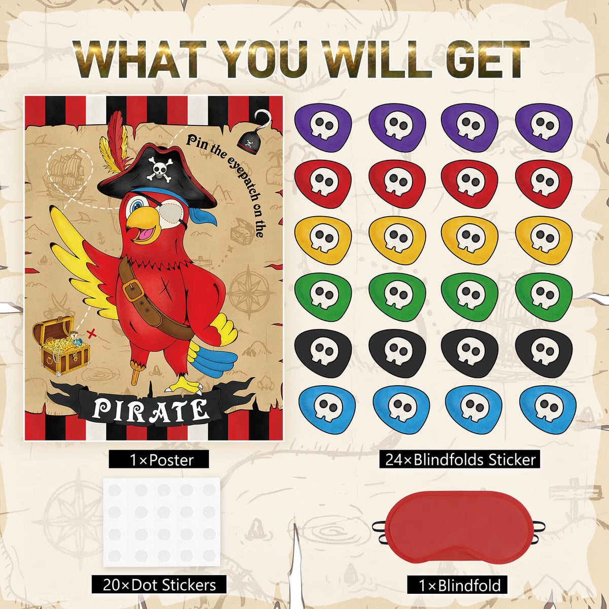 WERNNSAI Pin The Eye Patch on The Pirate – 28x21 Pirate Party Poster with 24 Reusable Eye Patch Stickers