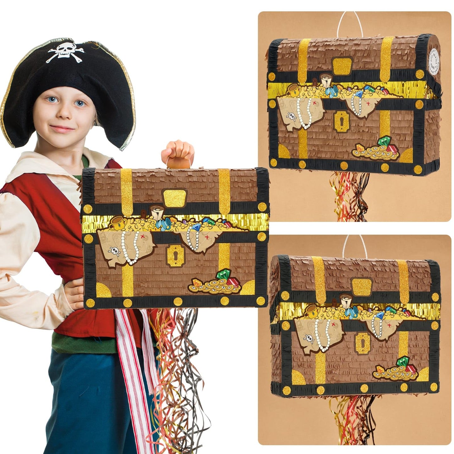 WERNNSAI Treasure Chest Piñata – Pirate Theme Pull-String Piñata with Bat & Blindfold