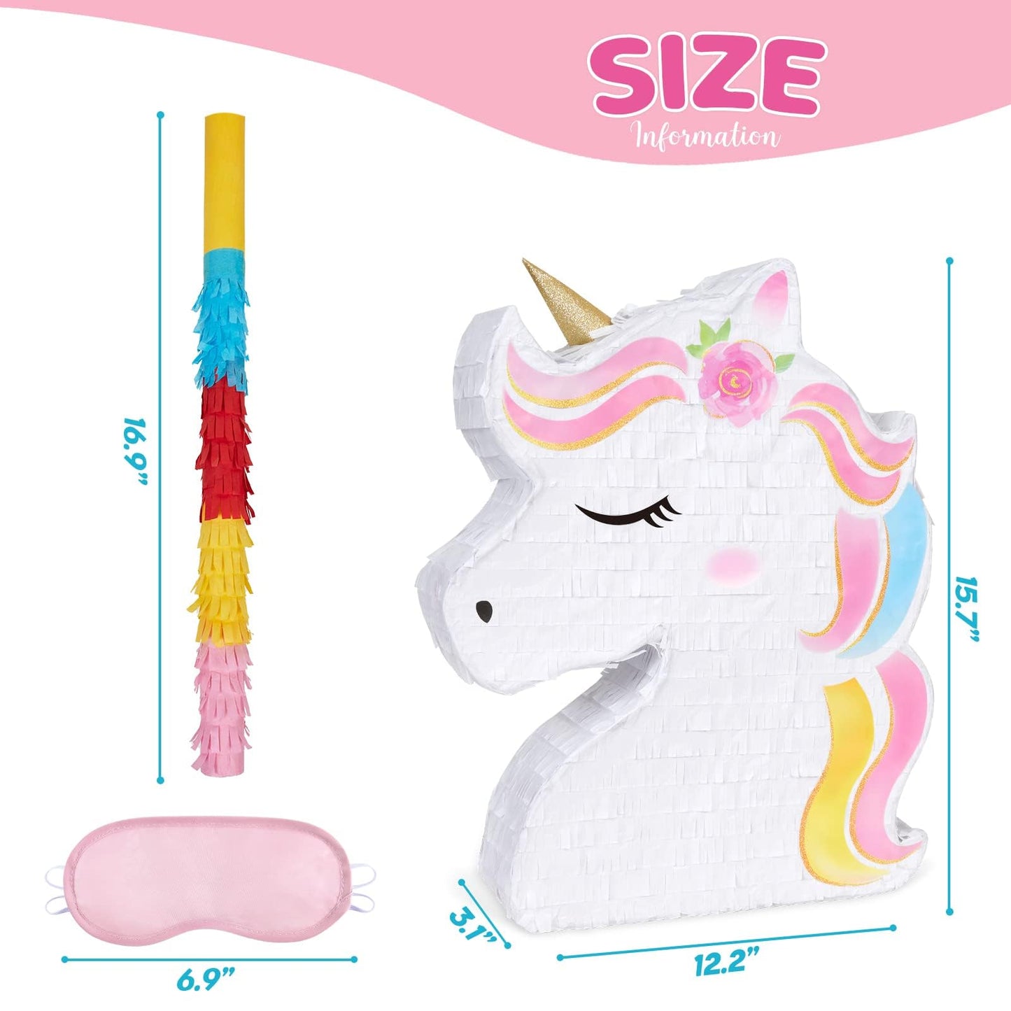 WERNNSAI Unicorn Piñata Bundle – Rainbow Unicorn Party Supplies with Blindfold & Bat (15.7 x 12.2 x 3.1 in)
